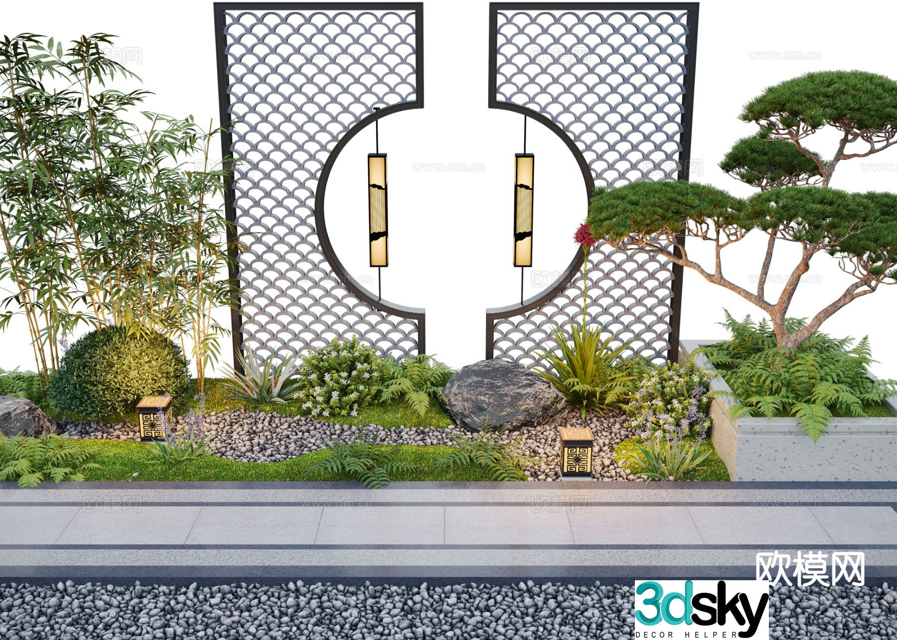 New Chinese style courtyard green plants and flower border 3D model