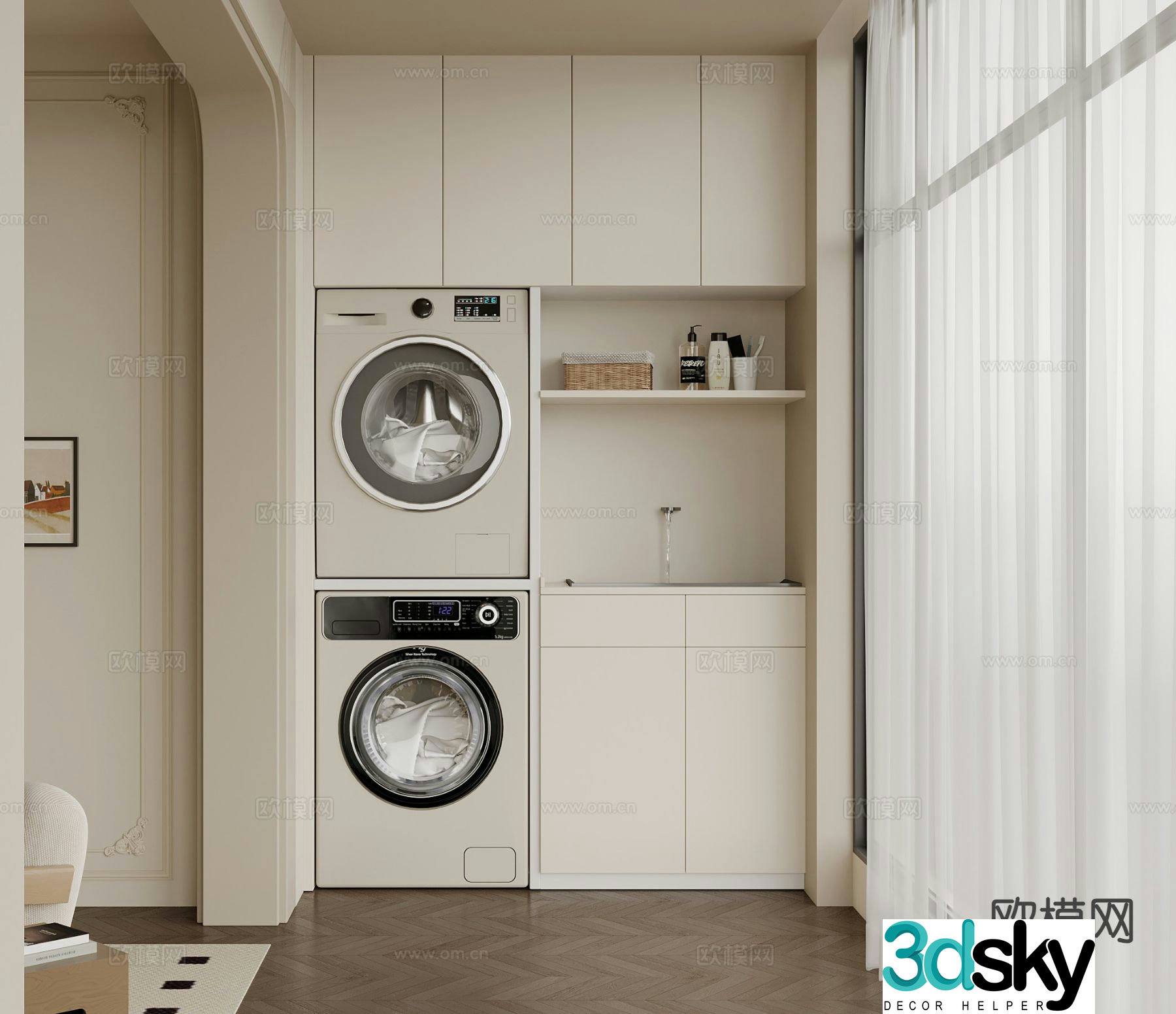 Cream style balcony cabinet washing machine cabinet 3d model