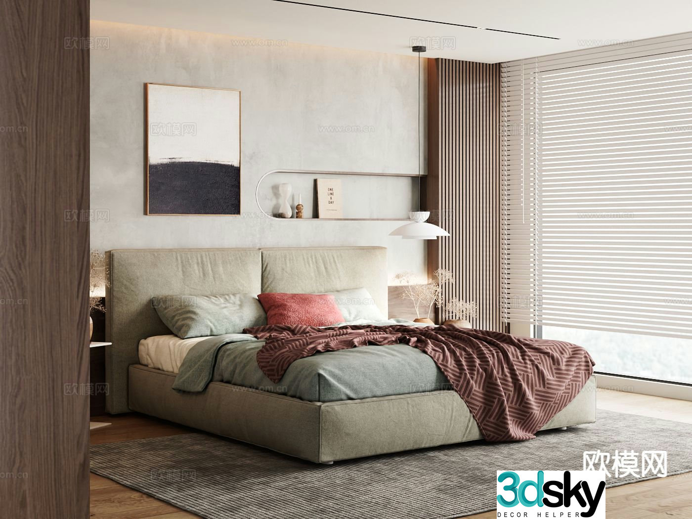 Wabi-sabi style double bed fabric bed 3d model