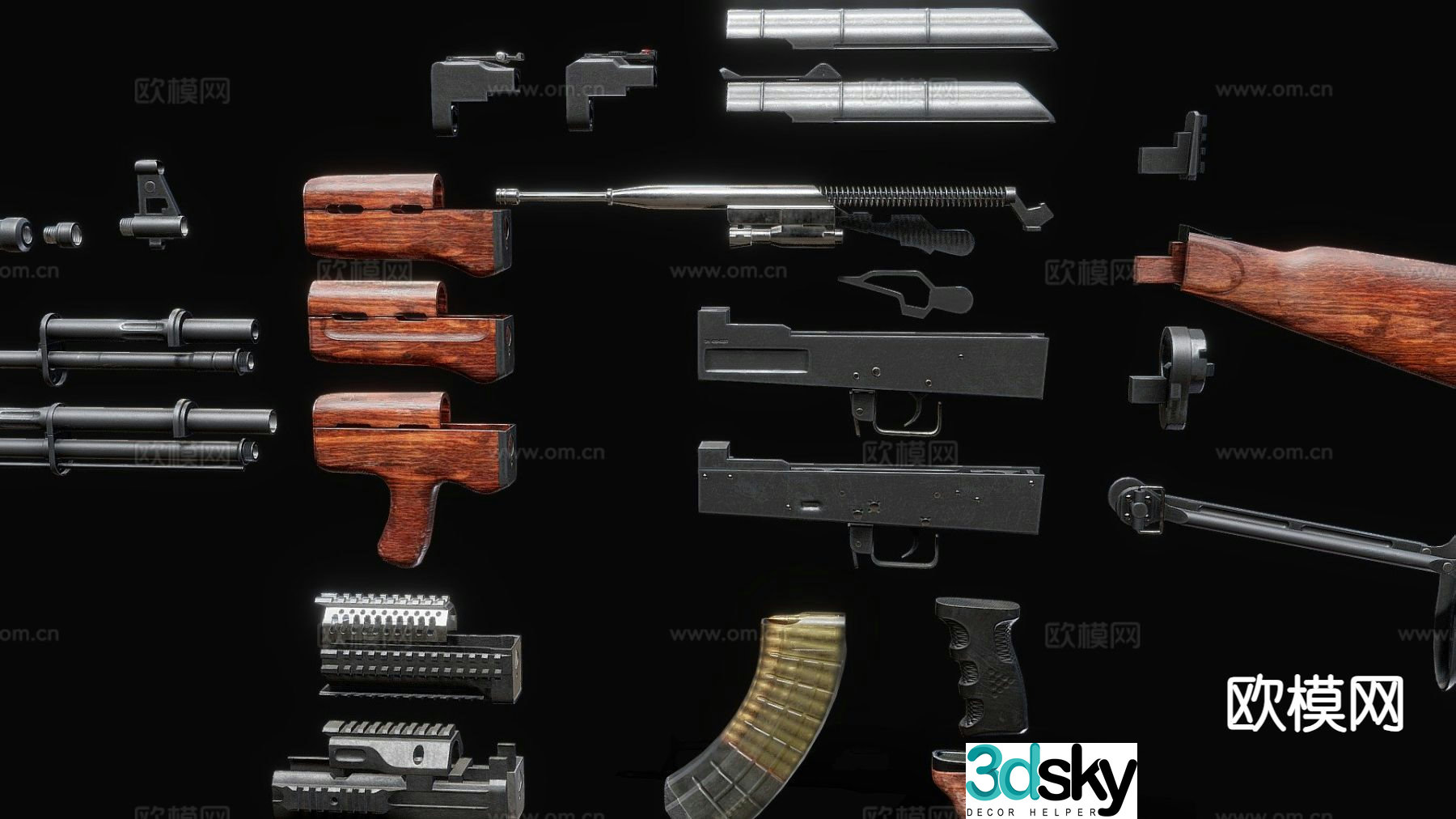 Disassembled rifle rifle parts 3d model