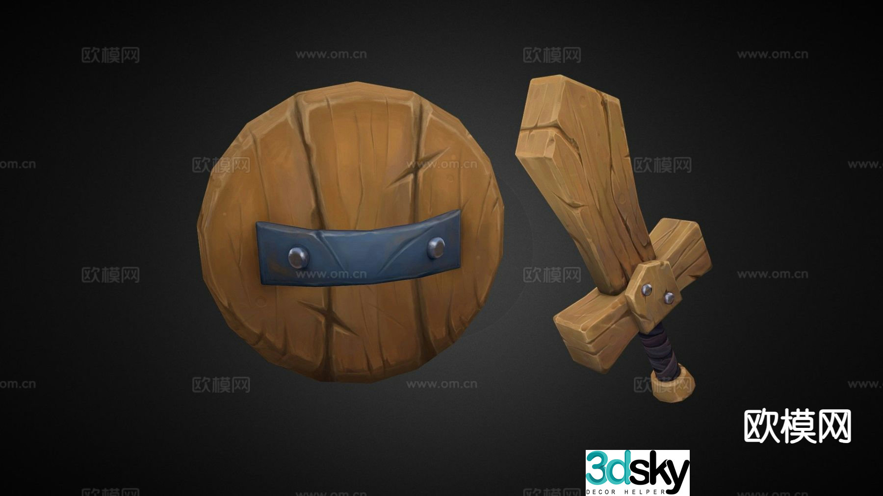 Cartoon props toys wooden sword shield 3d model