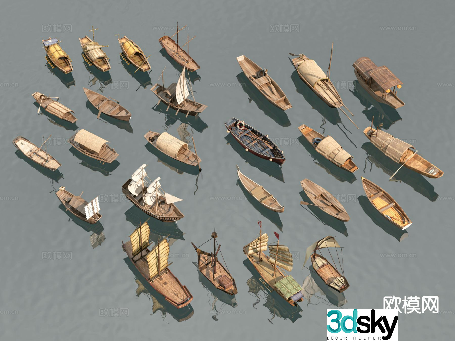 Modern black-sailed boat fishing boat wooden boat 3d model