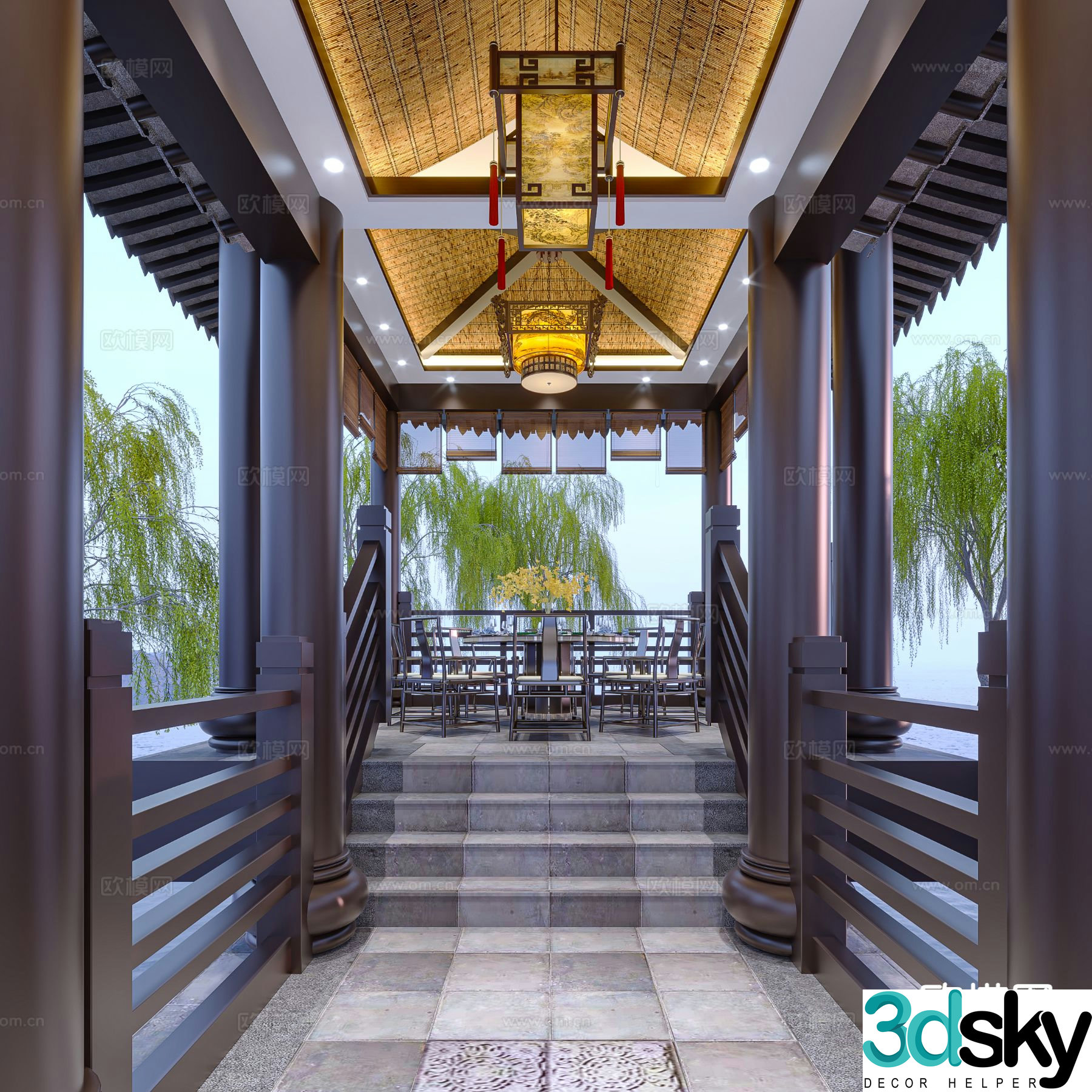 Chinese style ancient building corridor corridor 3D model