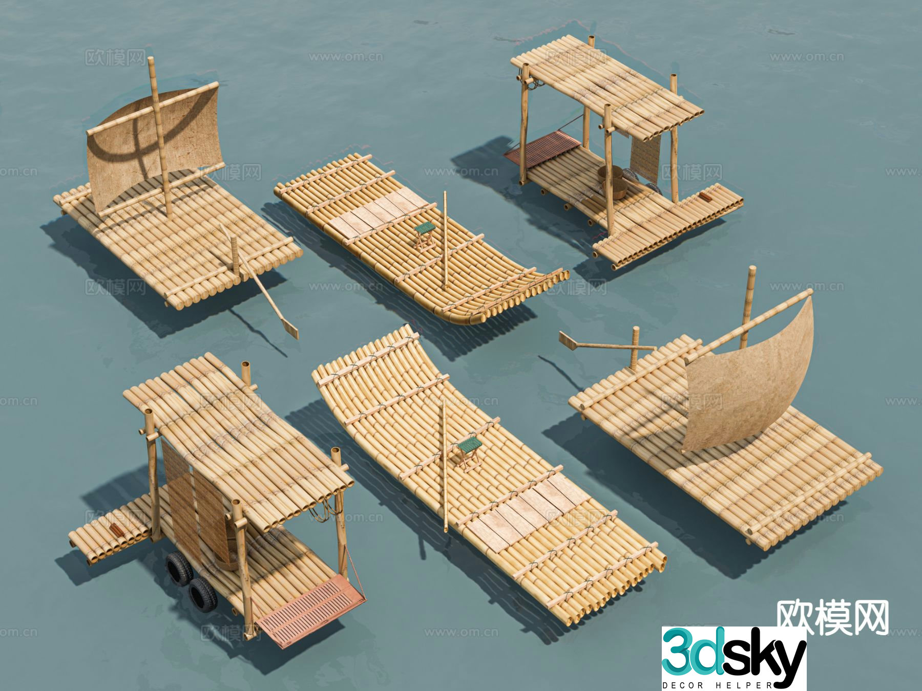 Chinese style boat raft bamboo raft 3d model