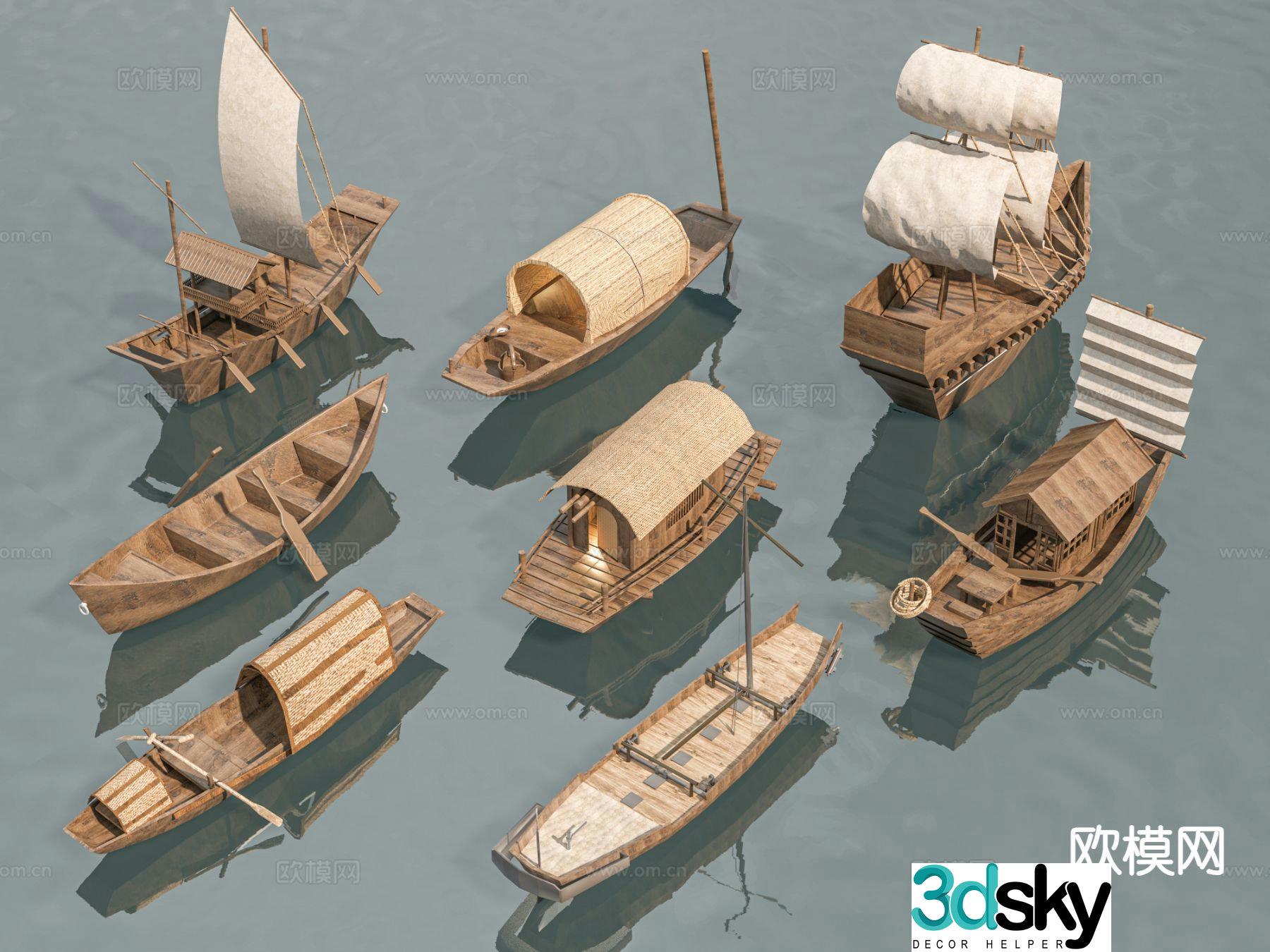 Chinese-style boat, awning boat, fishing boat, wooden boat, ancient boat 3d model