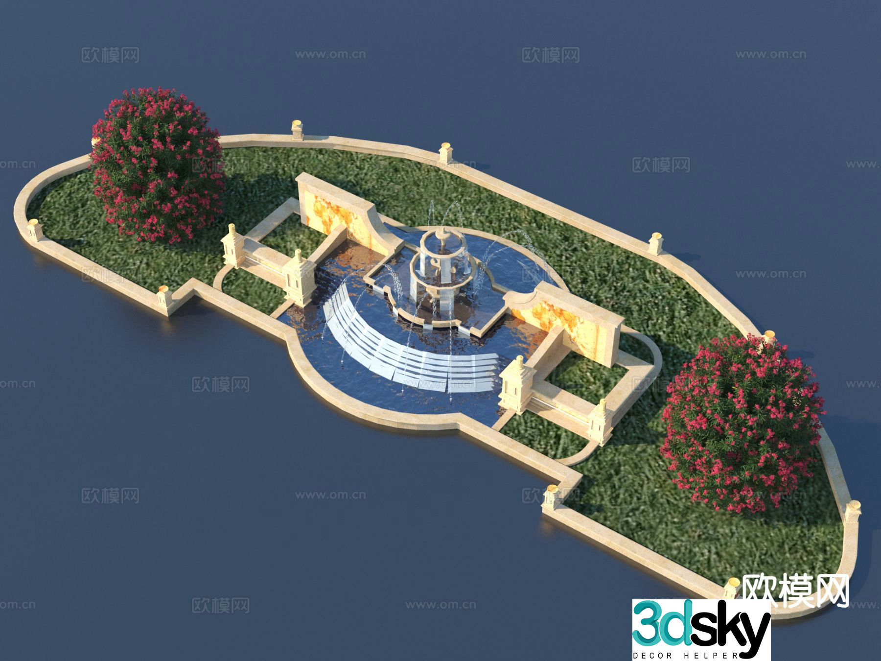 Garden fountain flower bed tree pond landscape 3d model