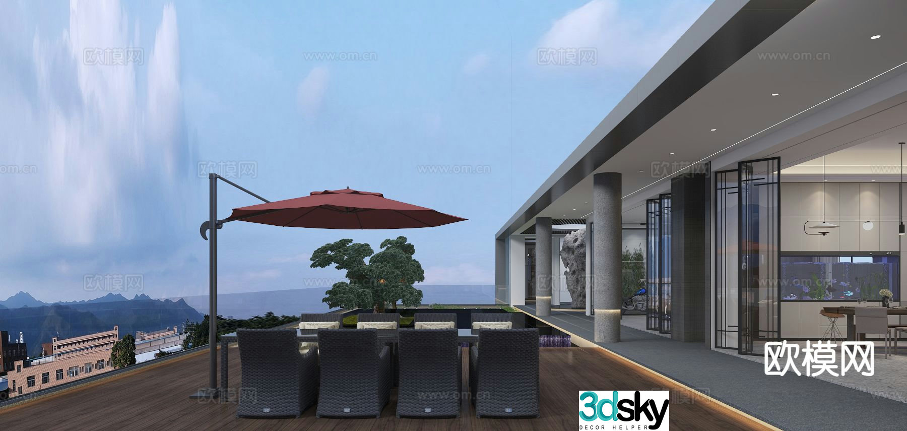 New Chinese style balcony terrace roof garden 3d model