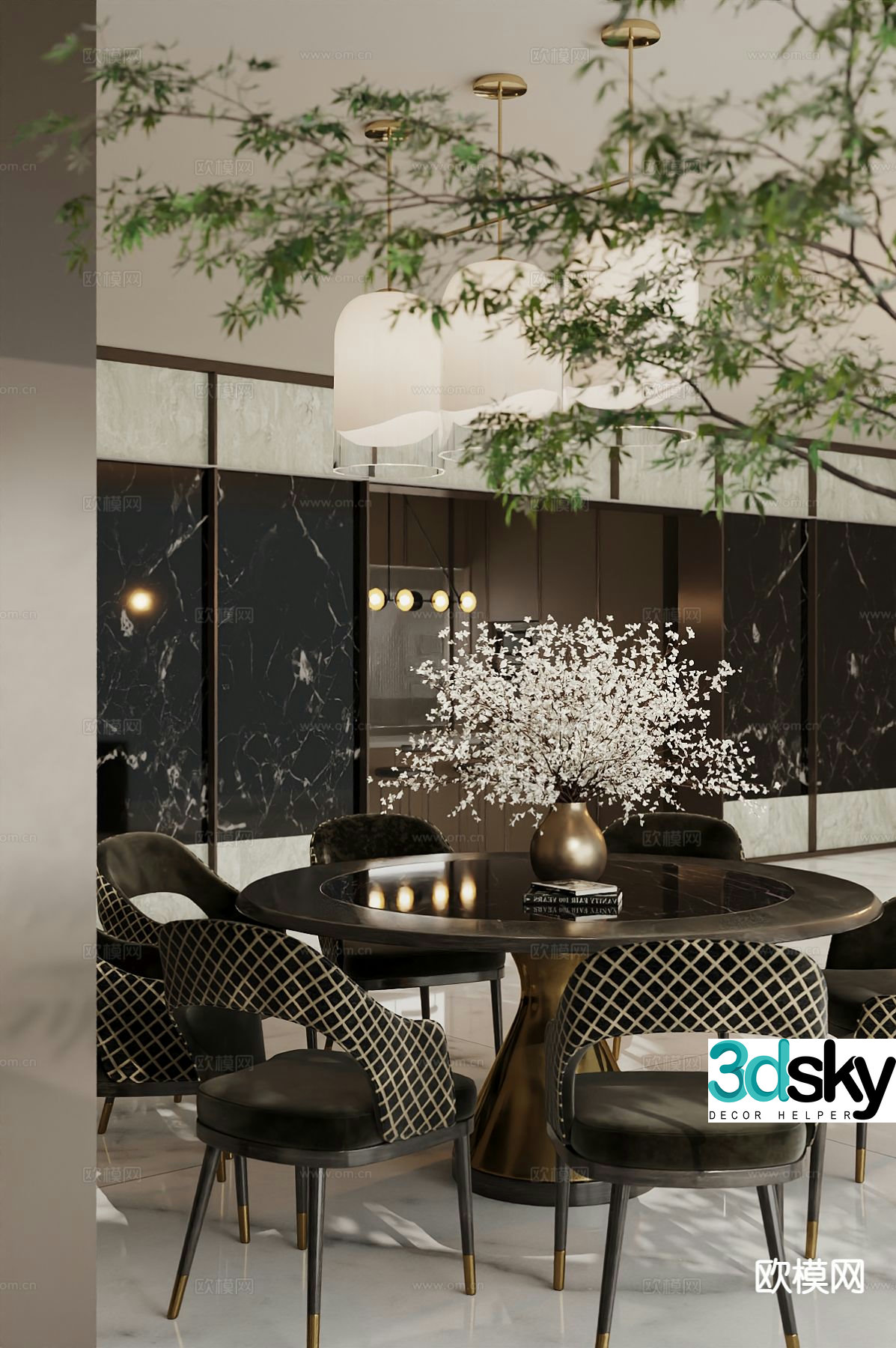Modern dining table and chairs round dining table 3d model