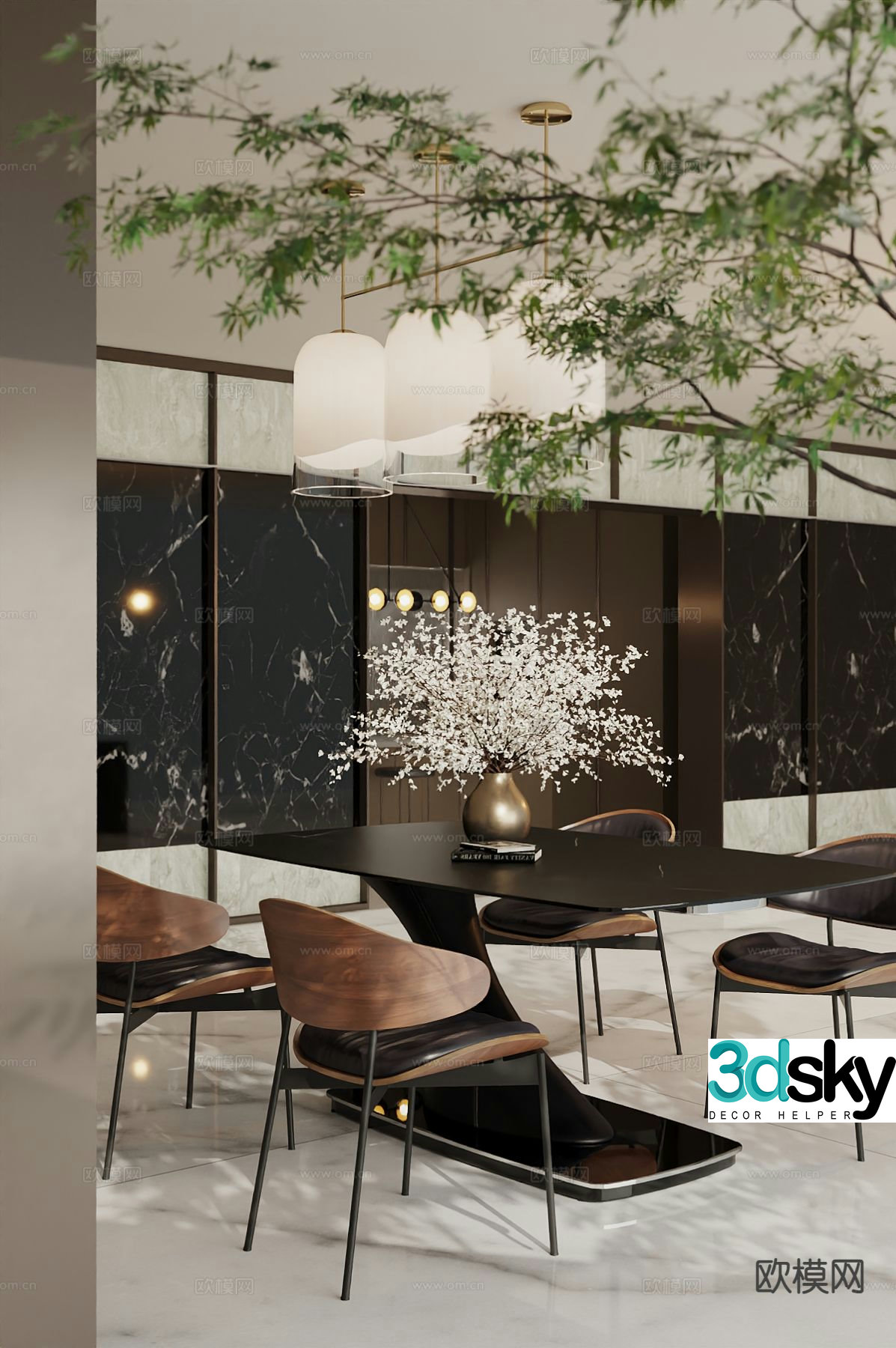 Modern dining table and chairs strip dining table 3d model