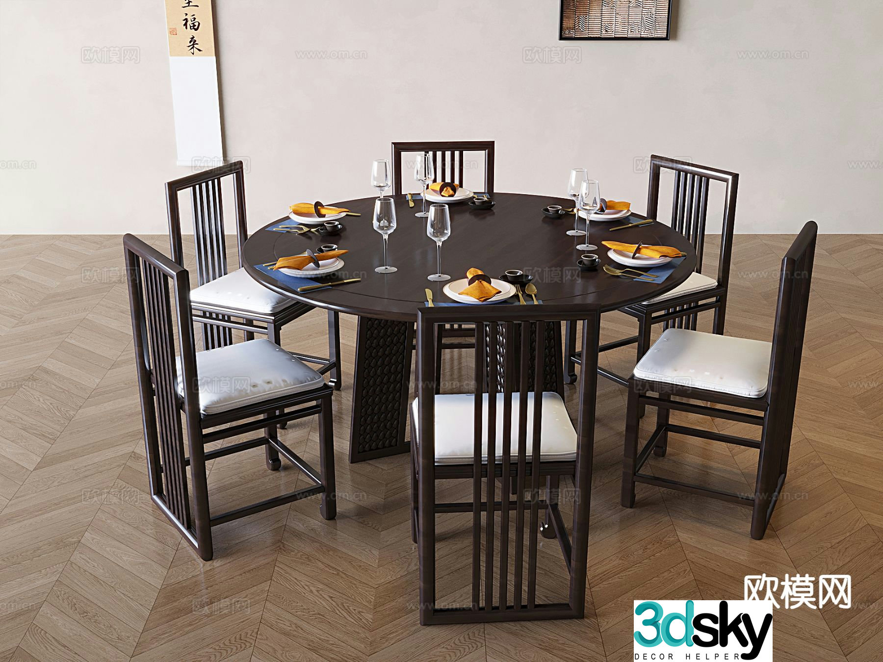 New Chinese round table solid wood dining table and chair 3D model