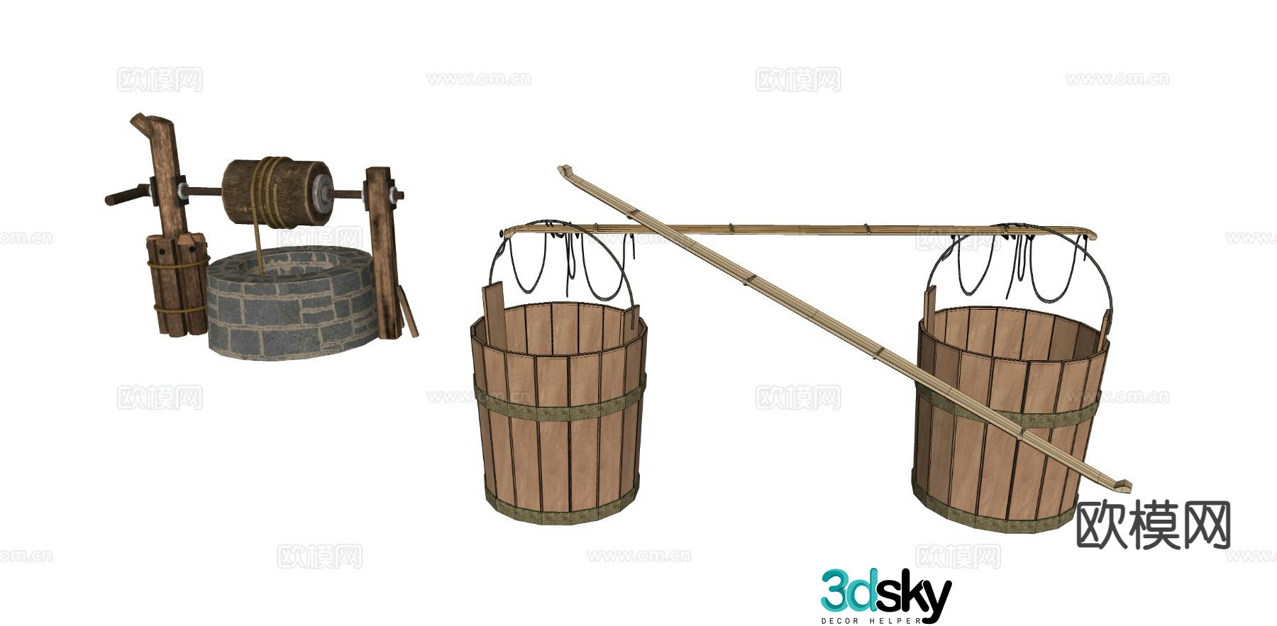 Ancient farm tools wooden barrel 3d model