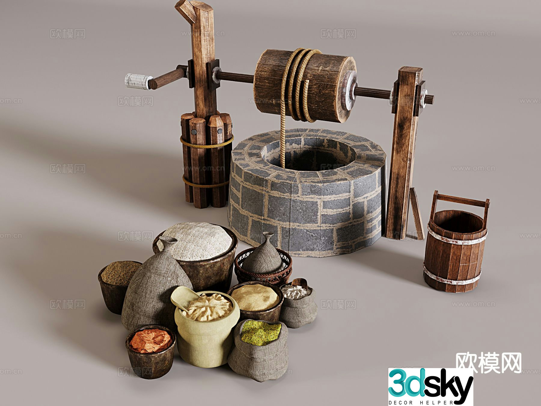 Chinese style ancient well ornaments wooden windlass derrick 3D model