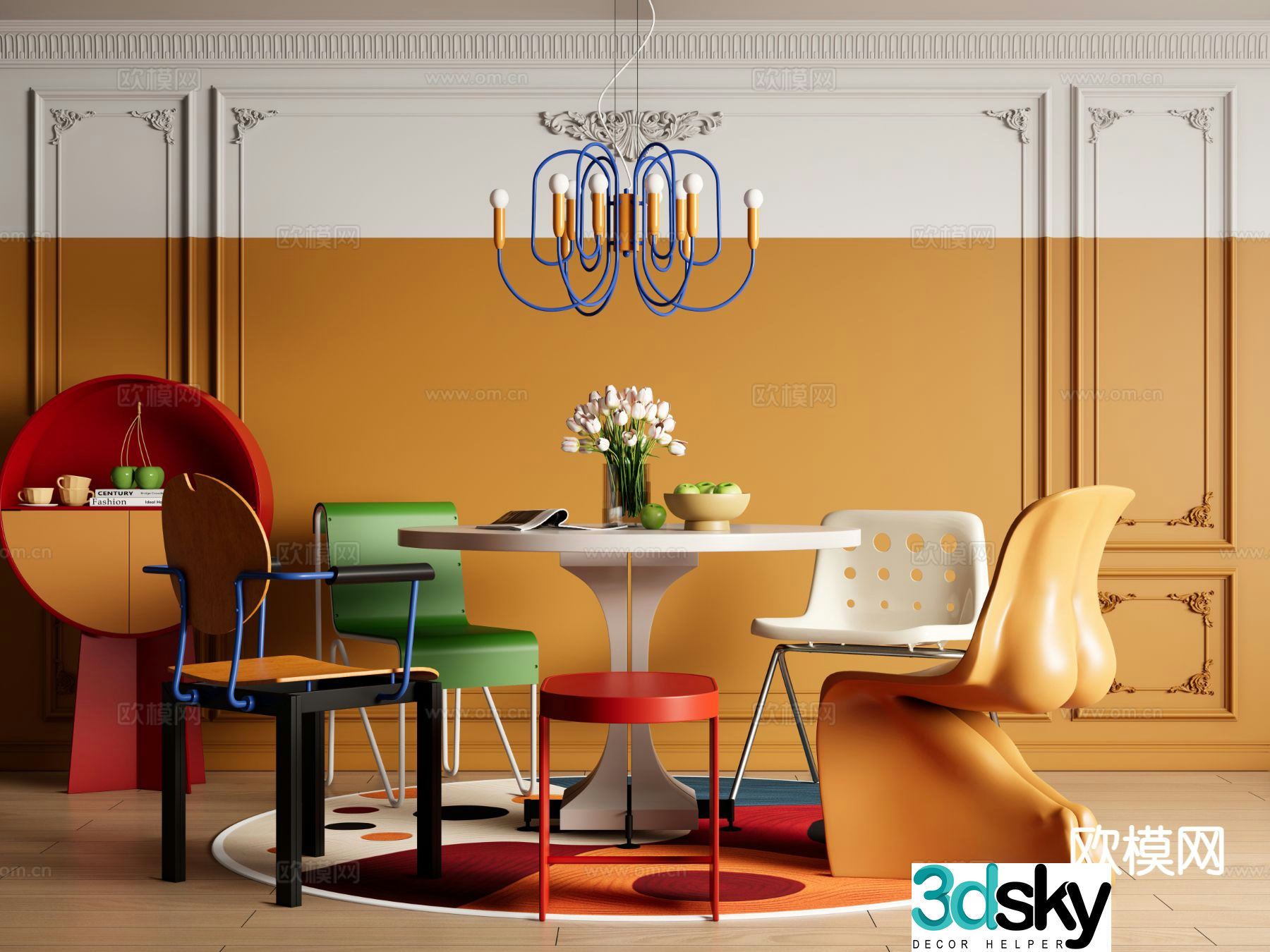 Memphis style dining table and chairs 3d model