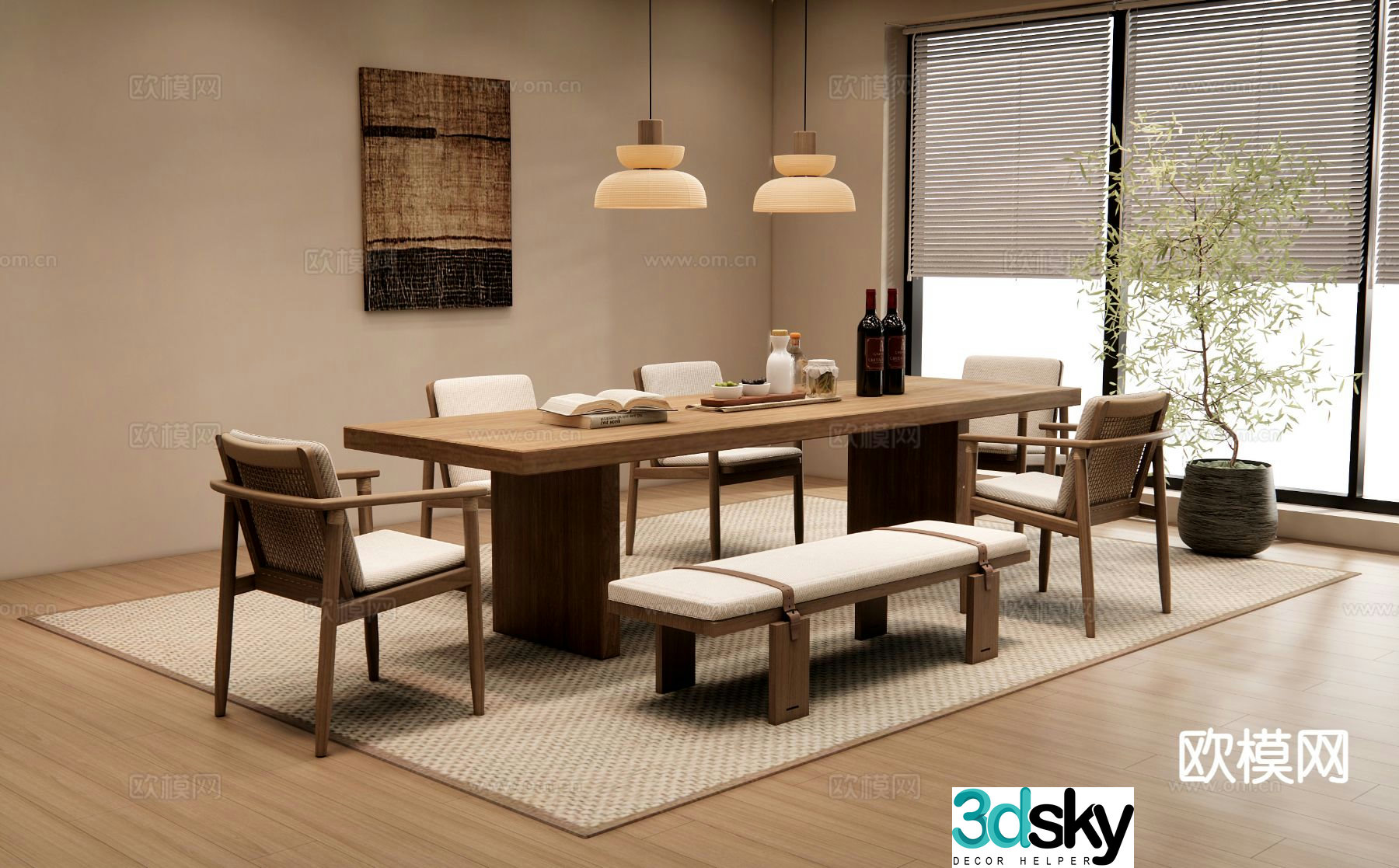 Medium style dining table and chairs strip dining table 3D model