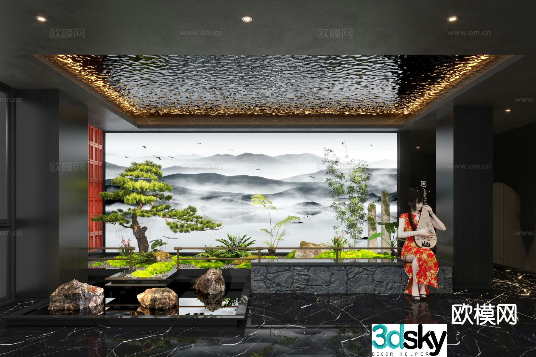 New Chinese style indoor landscaping 3D model