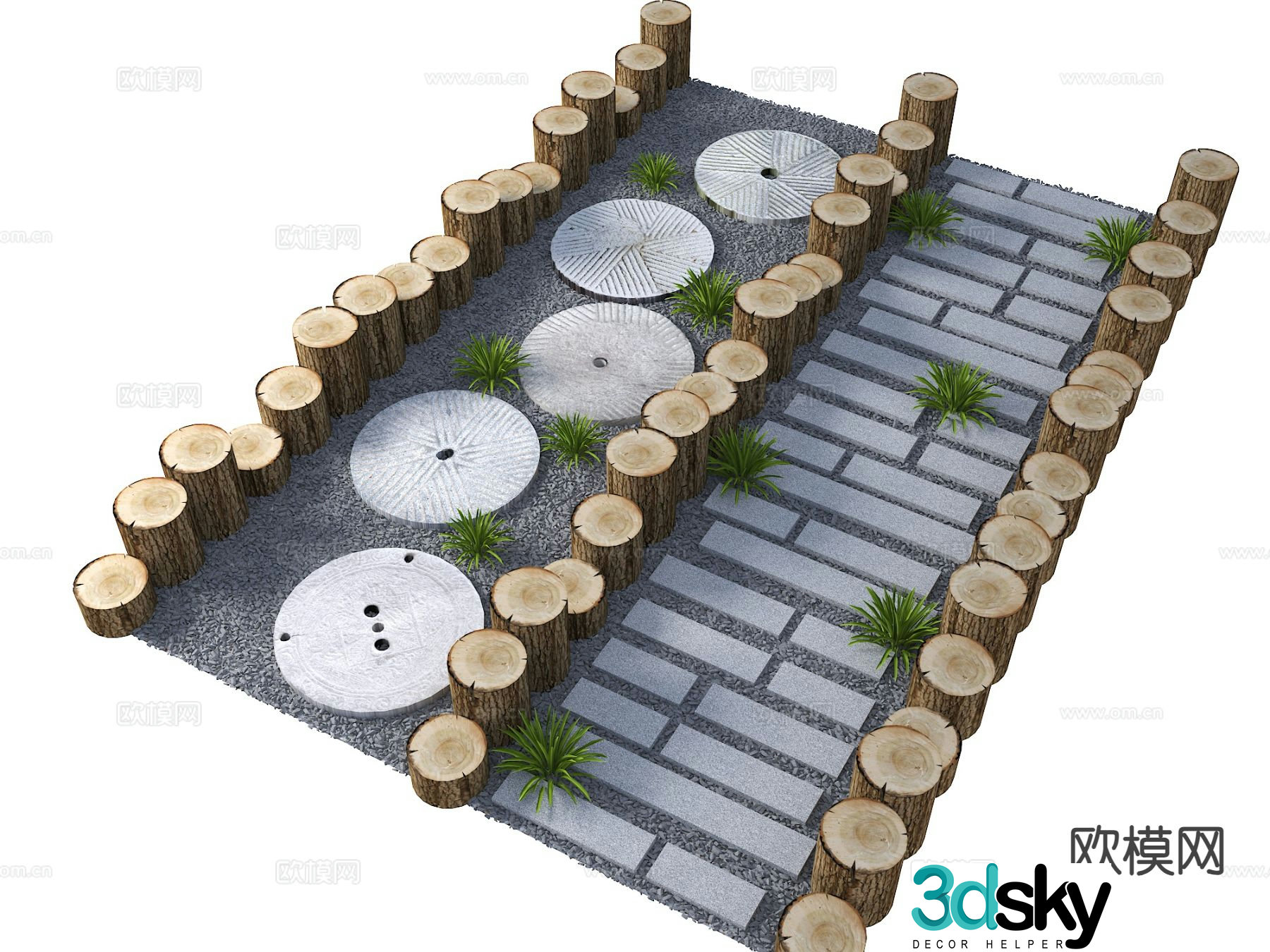 Stone grinding step bluestone slab stone road 3D model