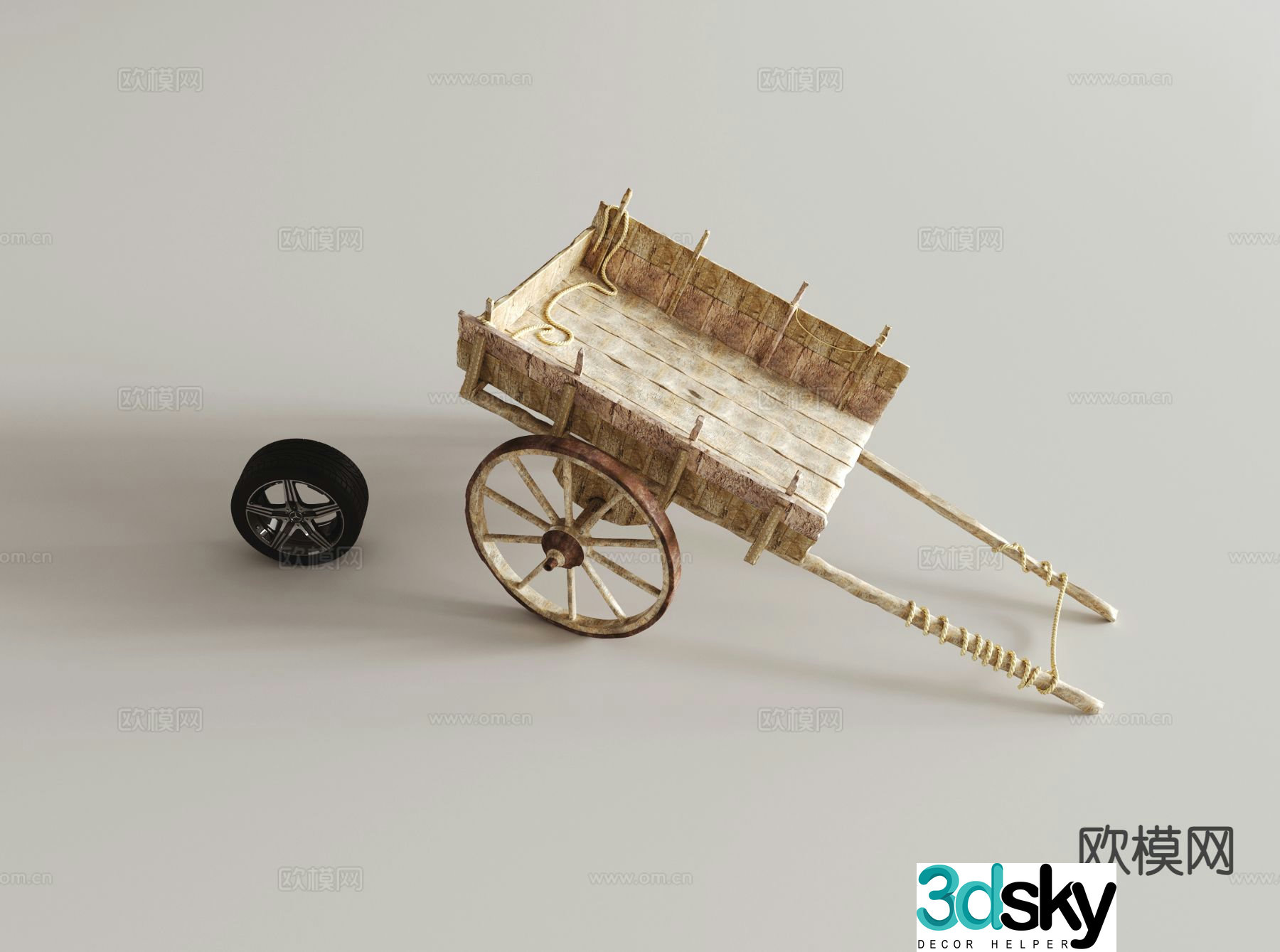 Chinese style old wooden cart landscape sketch 3D model