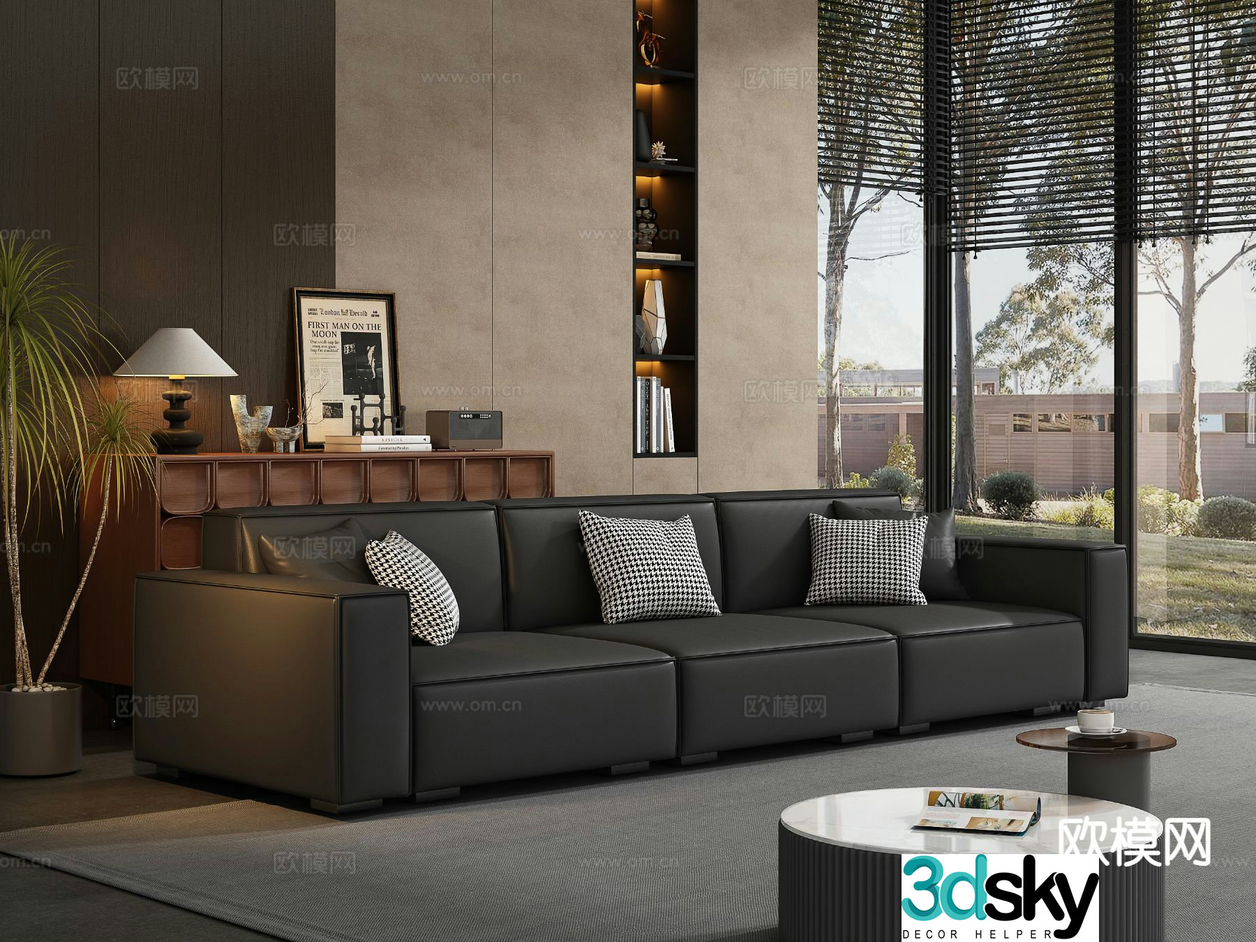 Modern three-person sofa leather sofa 3d model