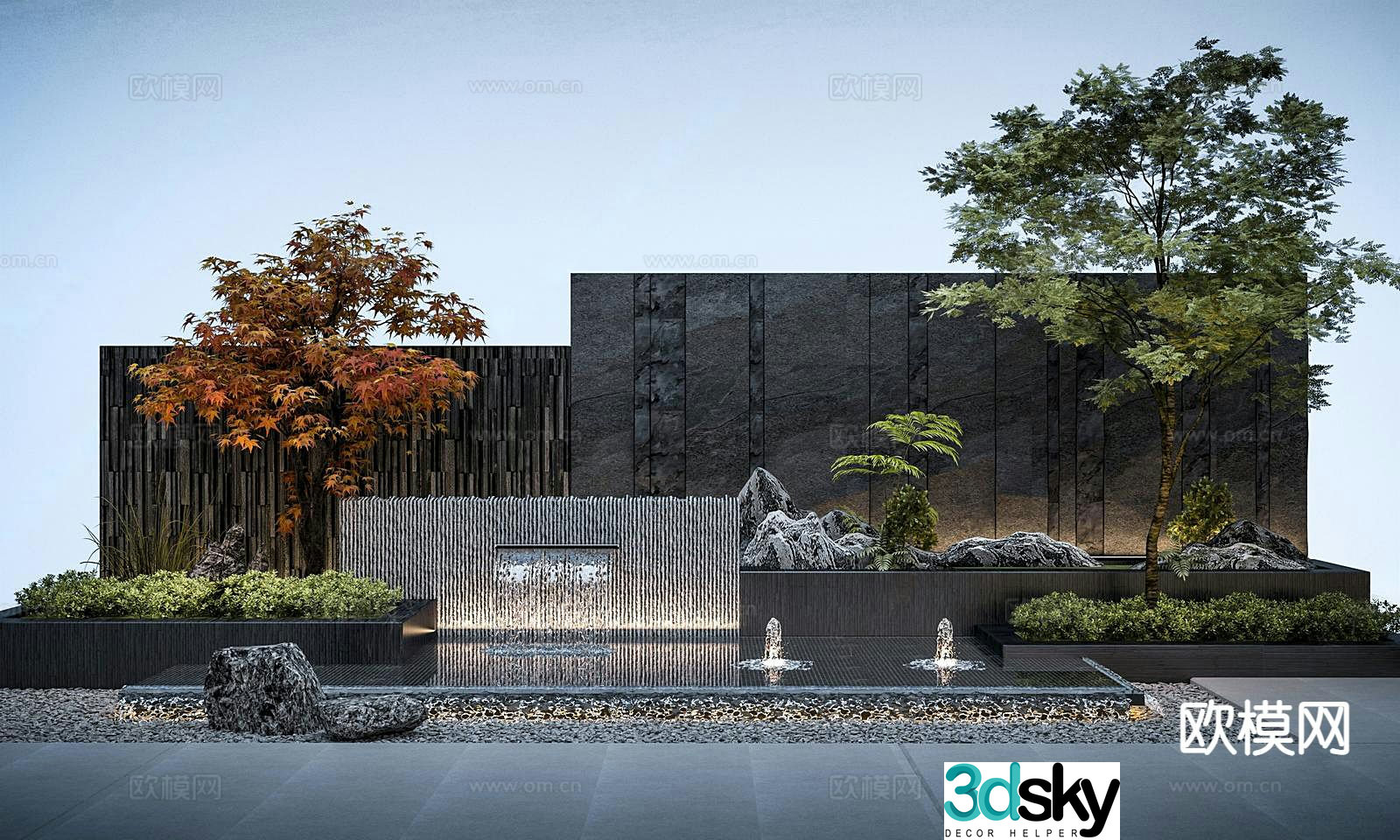Scenic wall fence stacked water feature wall 3D model