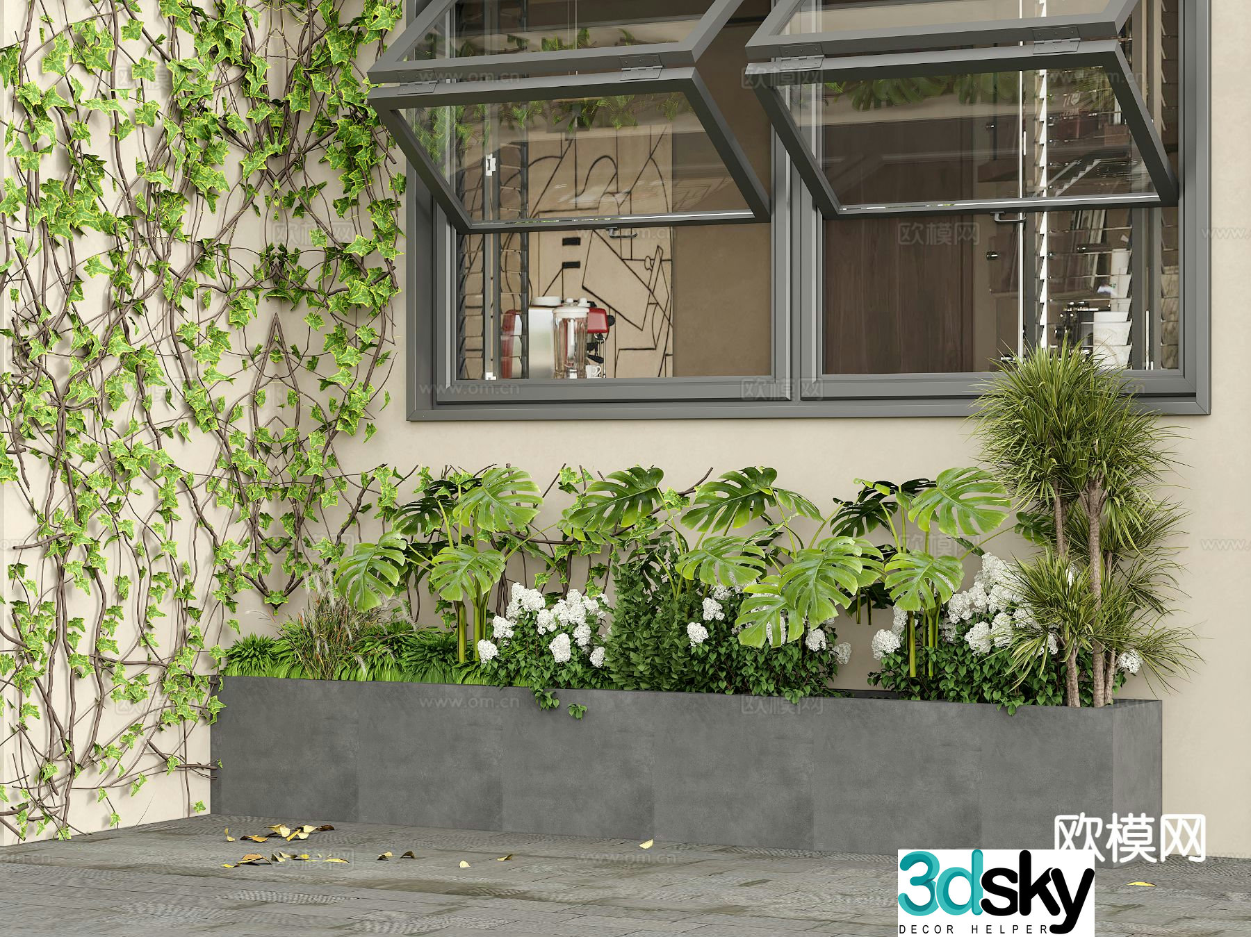 Outdoor flower bed flower box green plant push 3d model