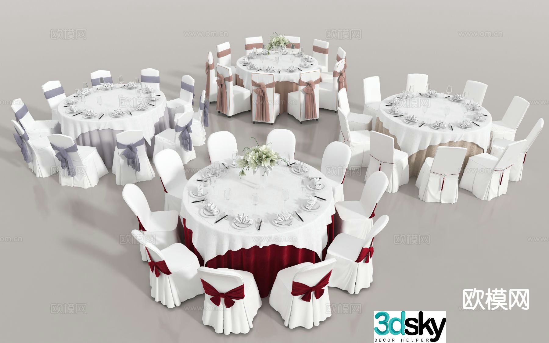 Modern banquet hall dining table and chairs 3d model
