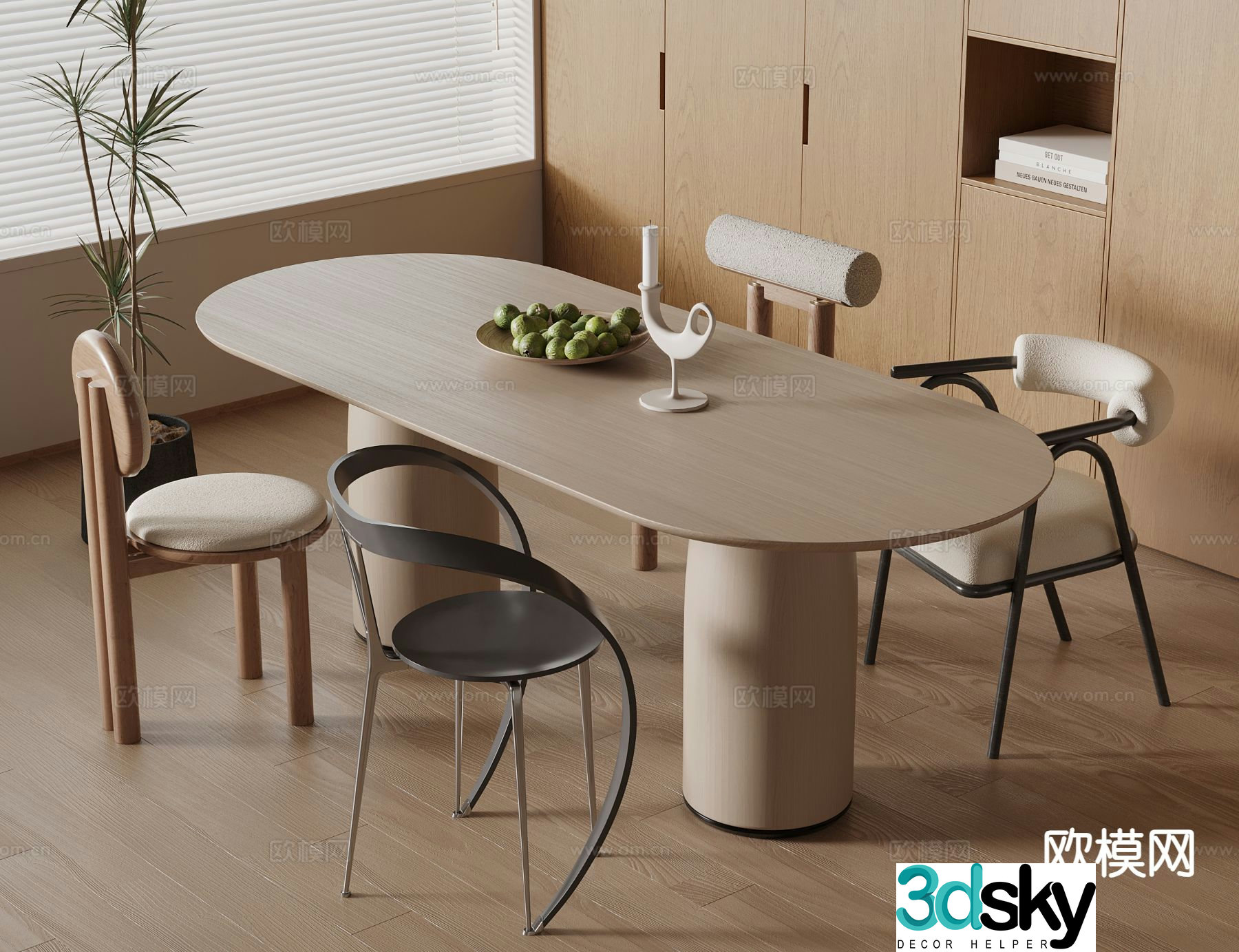 Wabi-sabi style dining table and chairs 3d model