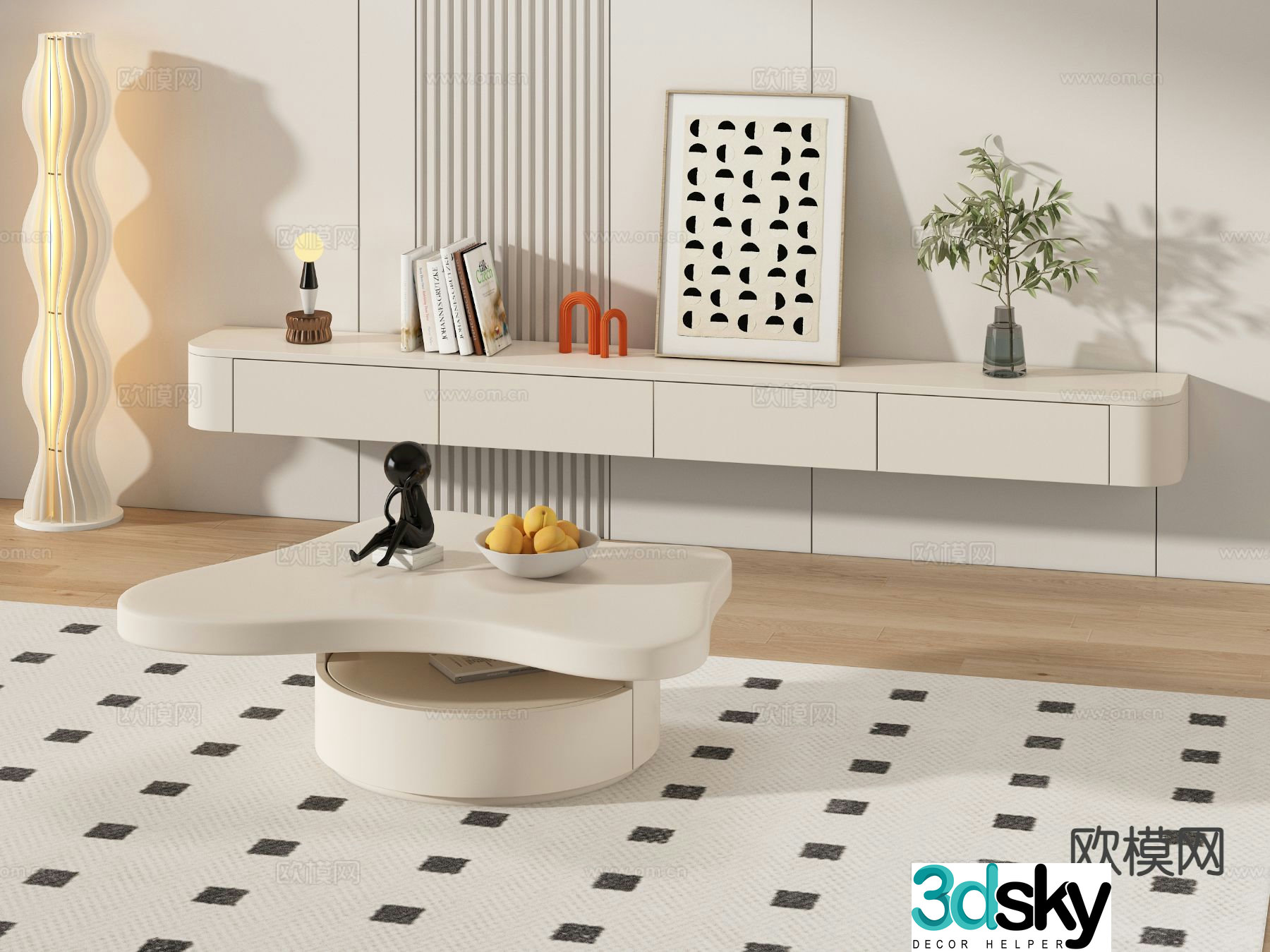Cream style TV cabinet coffee table 3D model