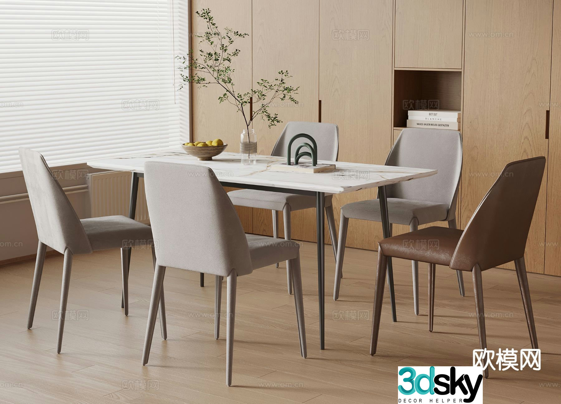 Nordic dining table and chairs strip dining table 3D model