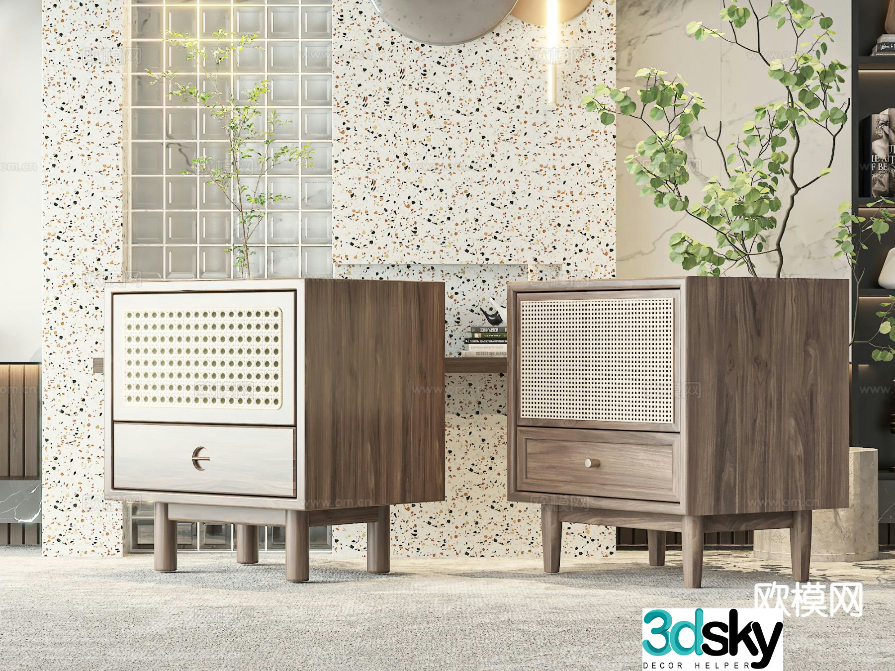 Wabi-sabi style bedside table rattan bedside table 3D model