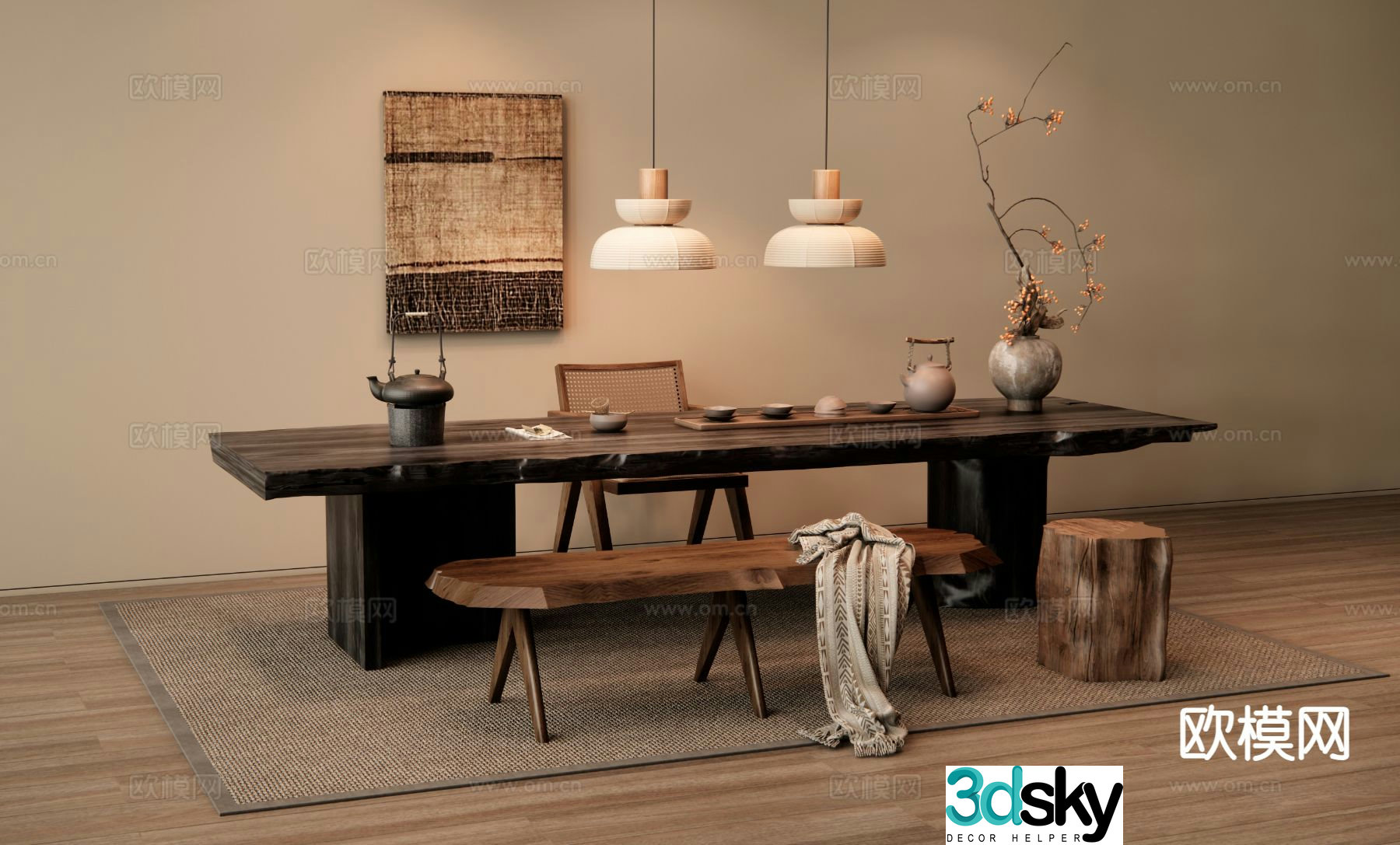 Wabi-sabi tea table and chairs tea table 3d model