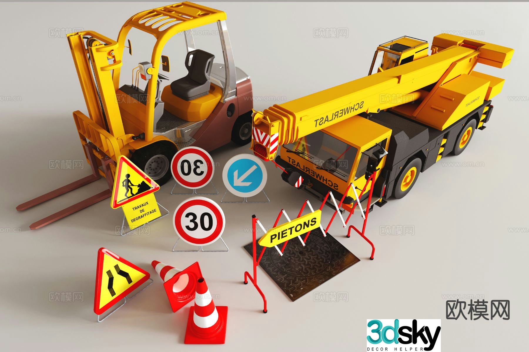 Cartoon forklift tower crane warning sign 3d model