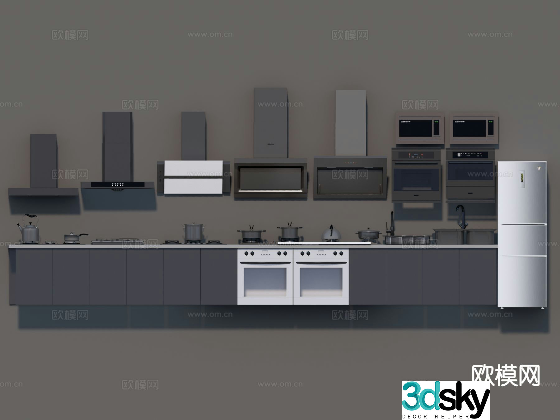 Modern refrigerator range hood microwave oven kitchen utensils 3d model