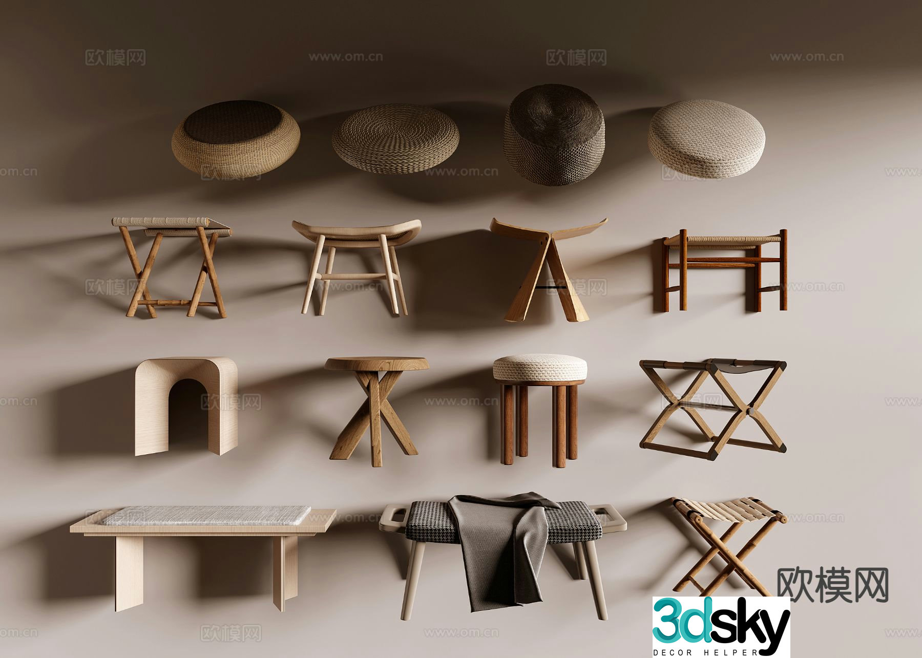 wabi-sabi stool low stool futon 3d model