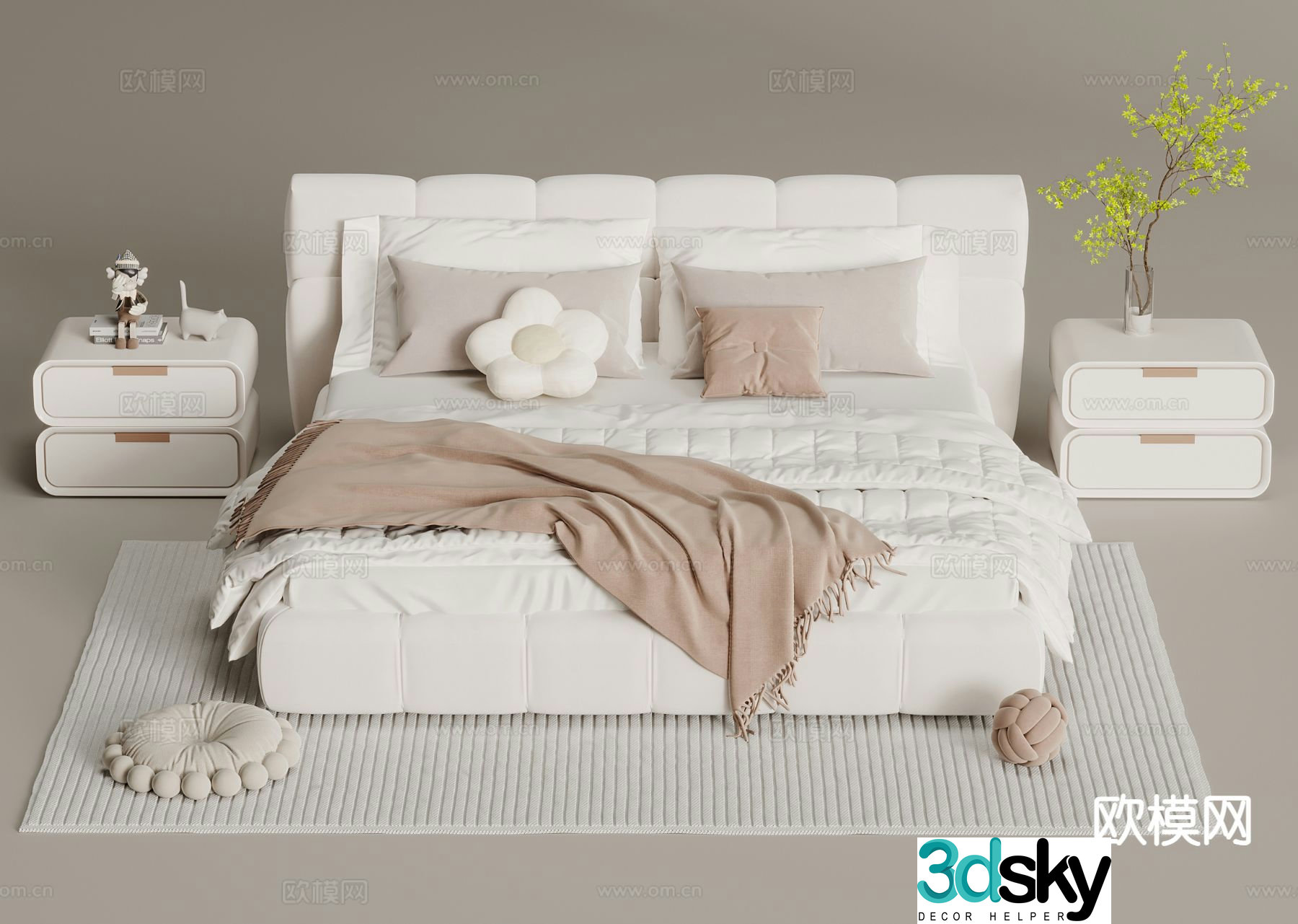 Cream style double bed 3d model