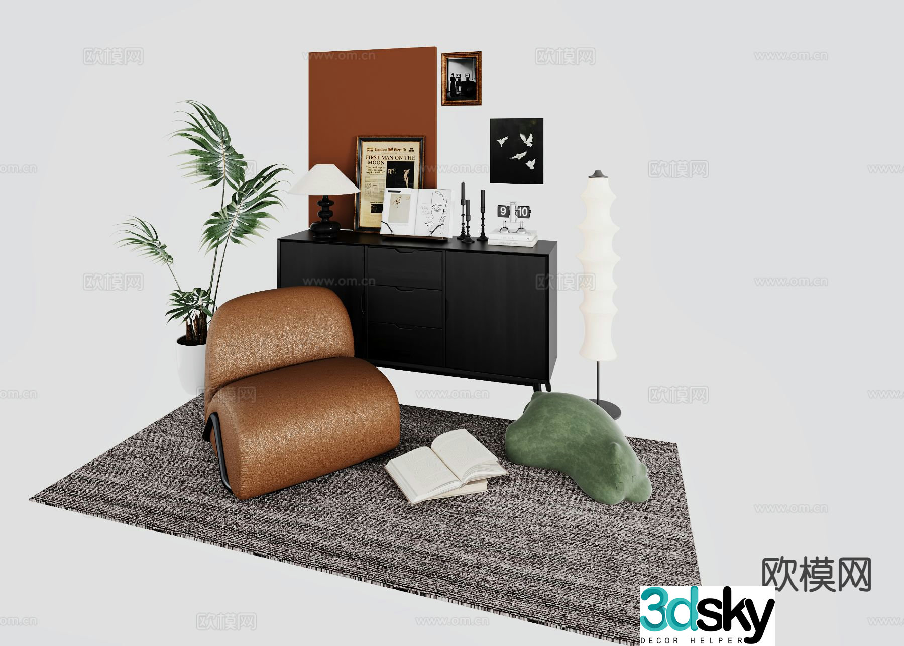 Medieval style leather sofa leisure sofa side cabinet 3D model