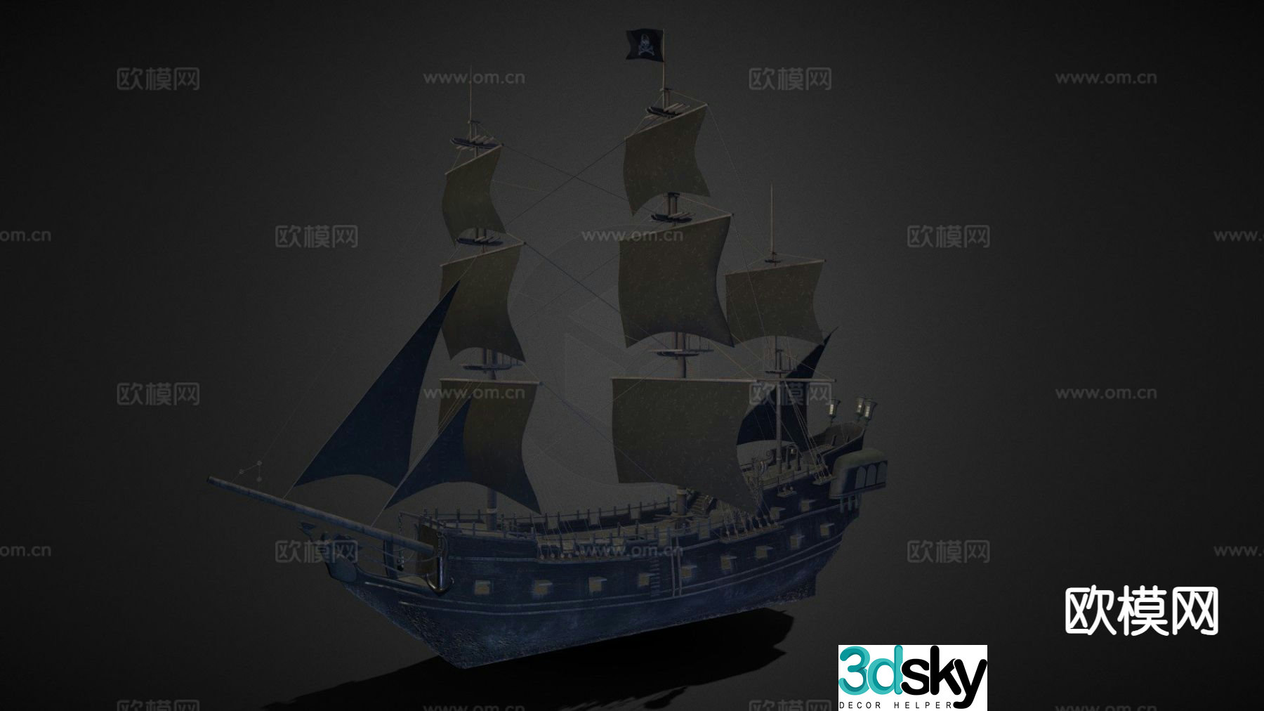 Black sailing ship ancient ship 3d model