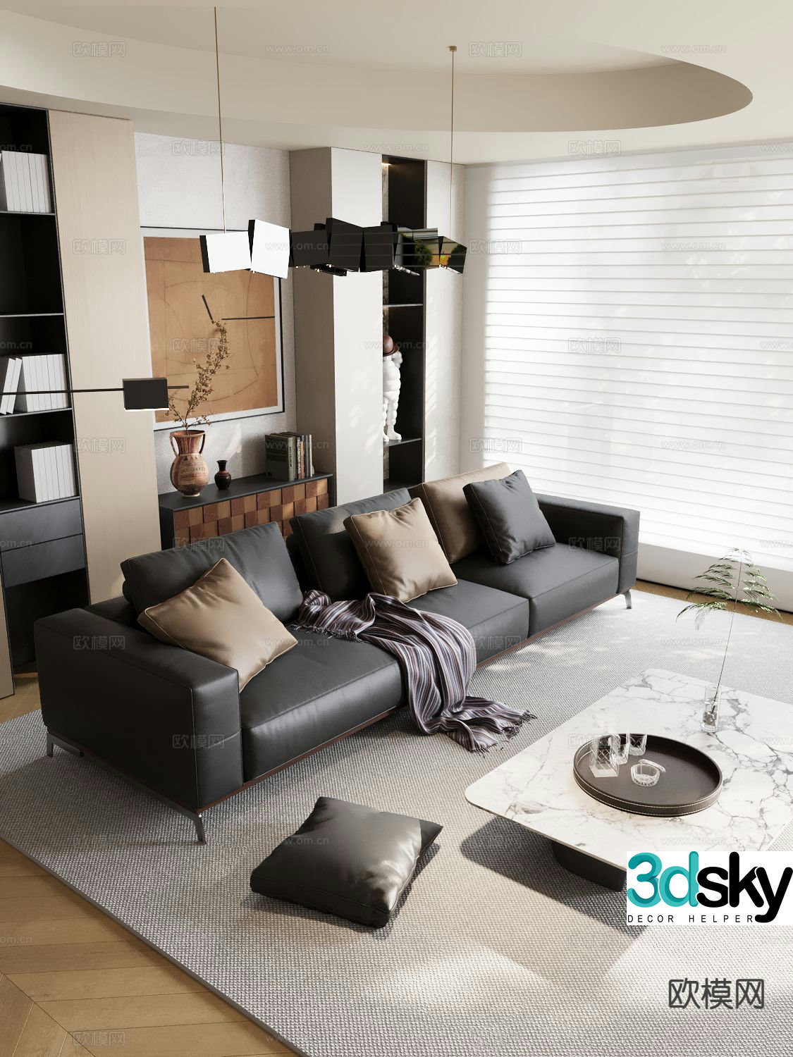 Italian three-person sofa leather sofa 3D model