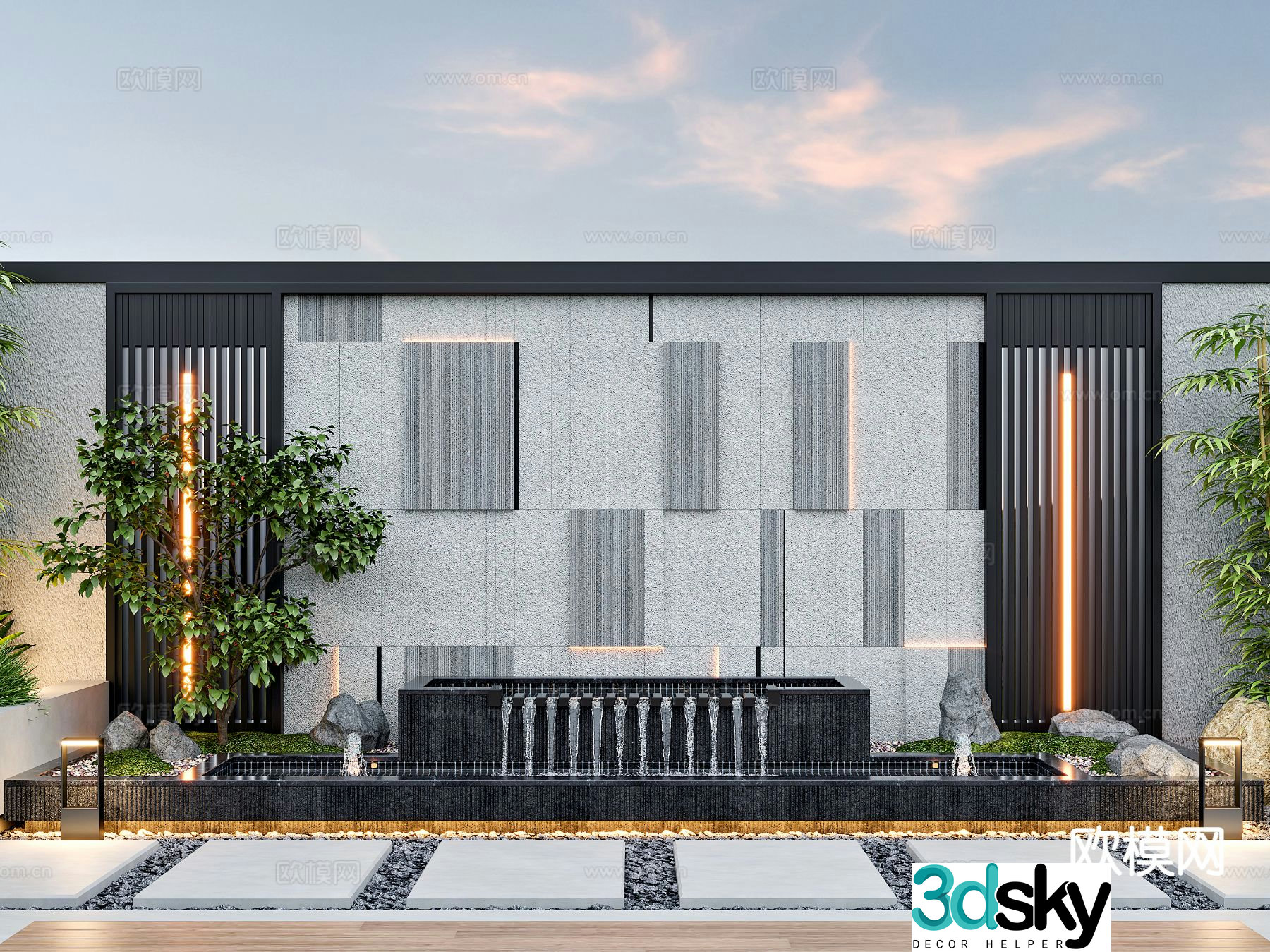 Modern water fountain landscape sketch 3D model