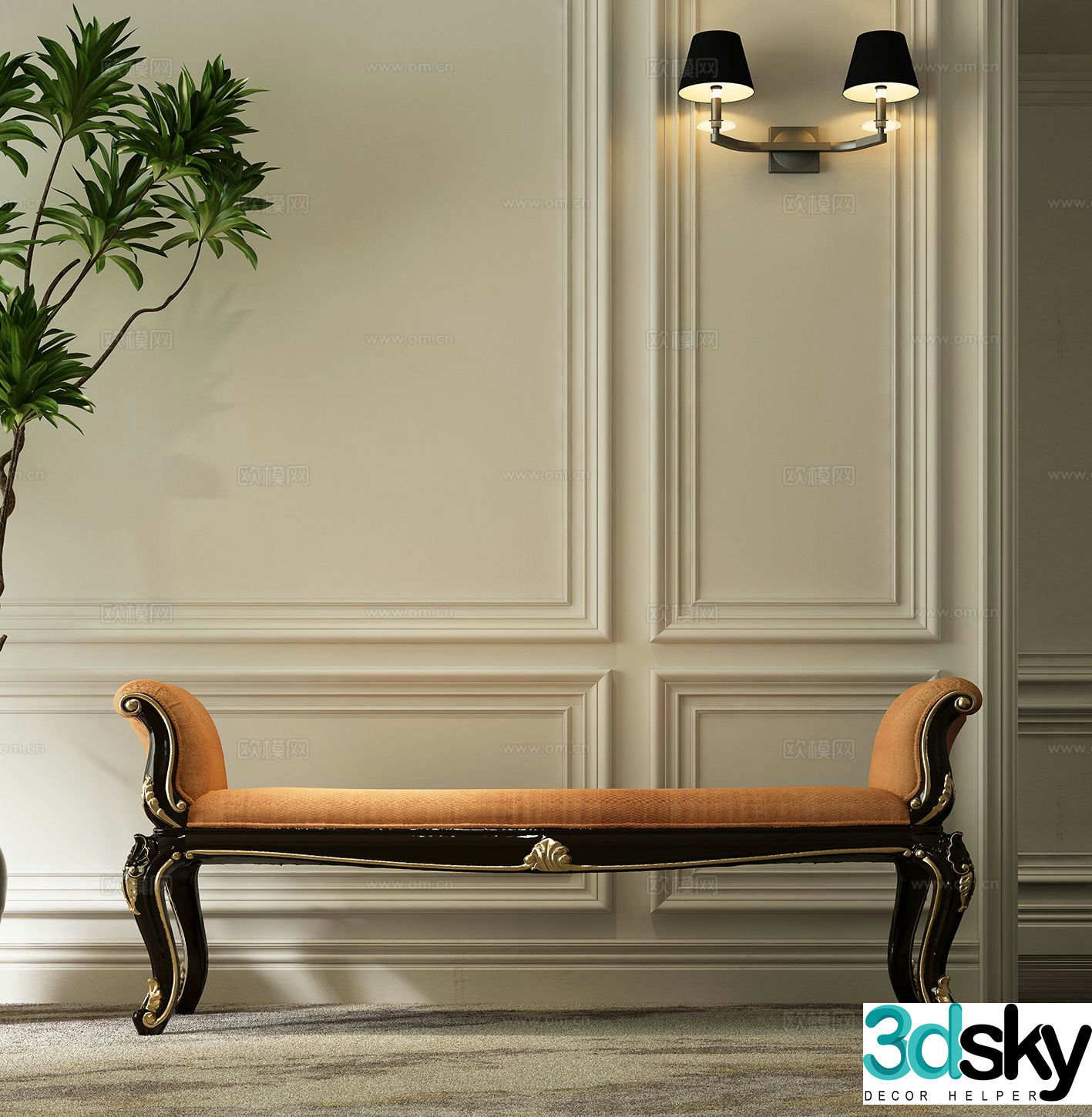 European classical bed bed end stool bench 3d model