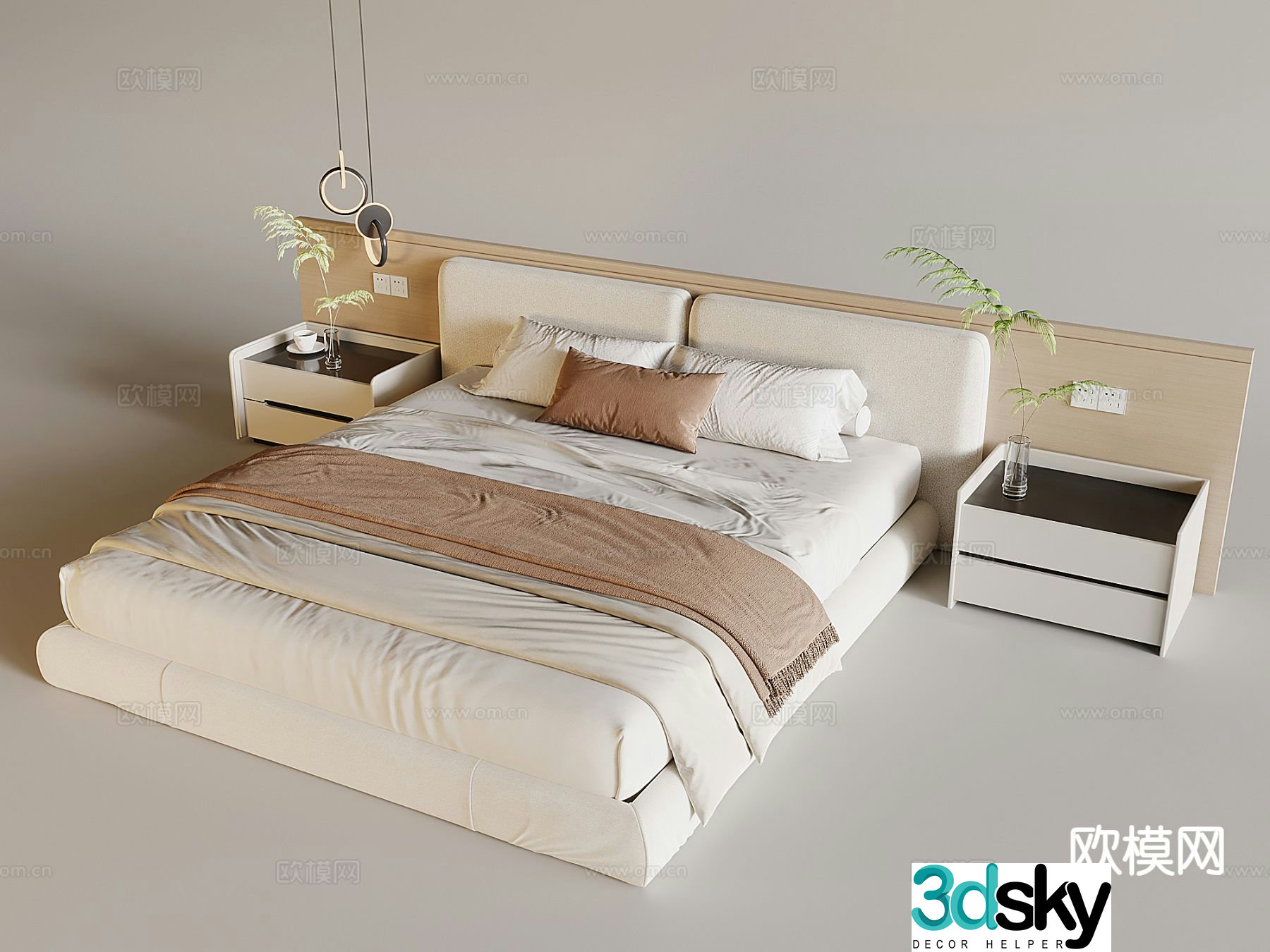 Cream style double bed 3d model