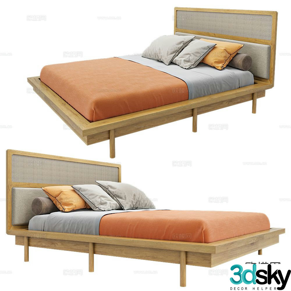 Japanese double bed rattan double bed 3d model