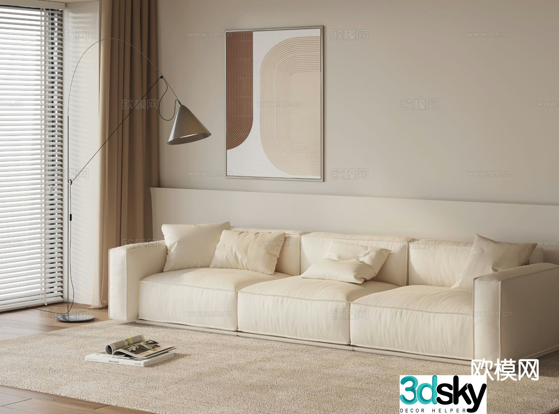 Cream style three-seat sofa 3D model