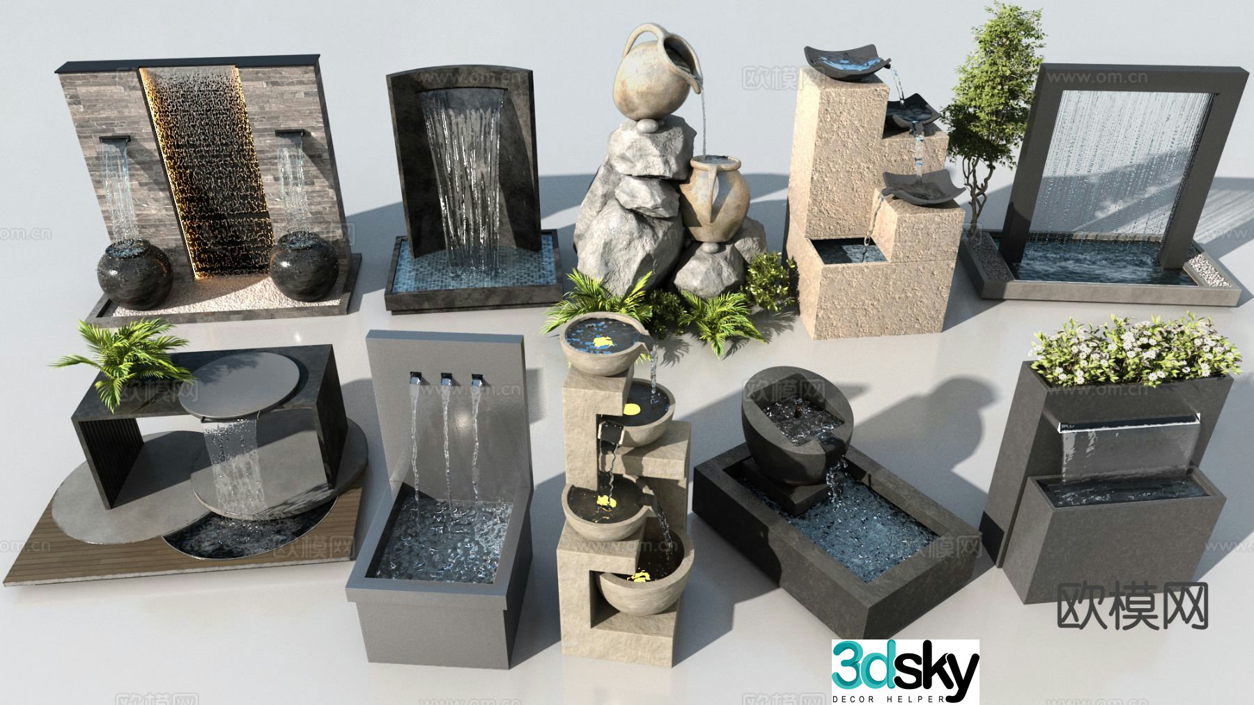 Modern landscape overlapping water flowing water fountain 3d model