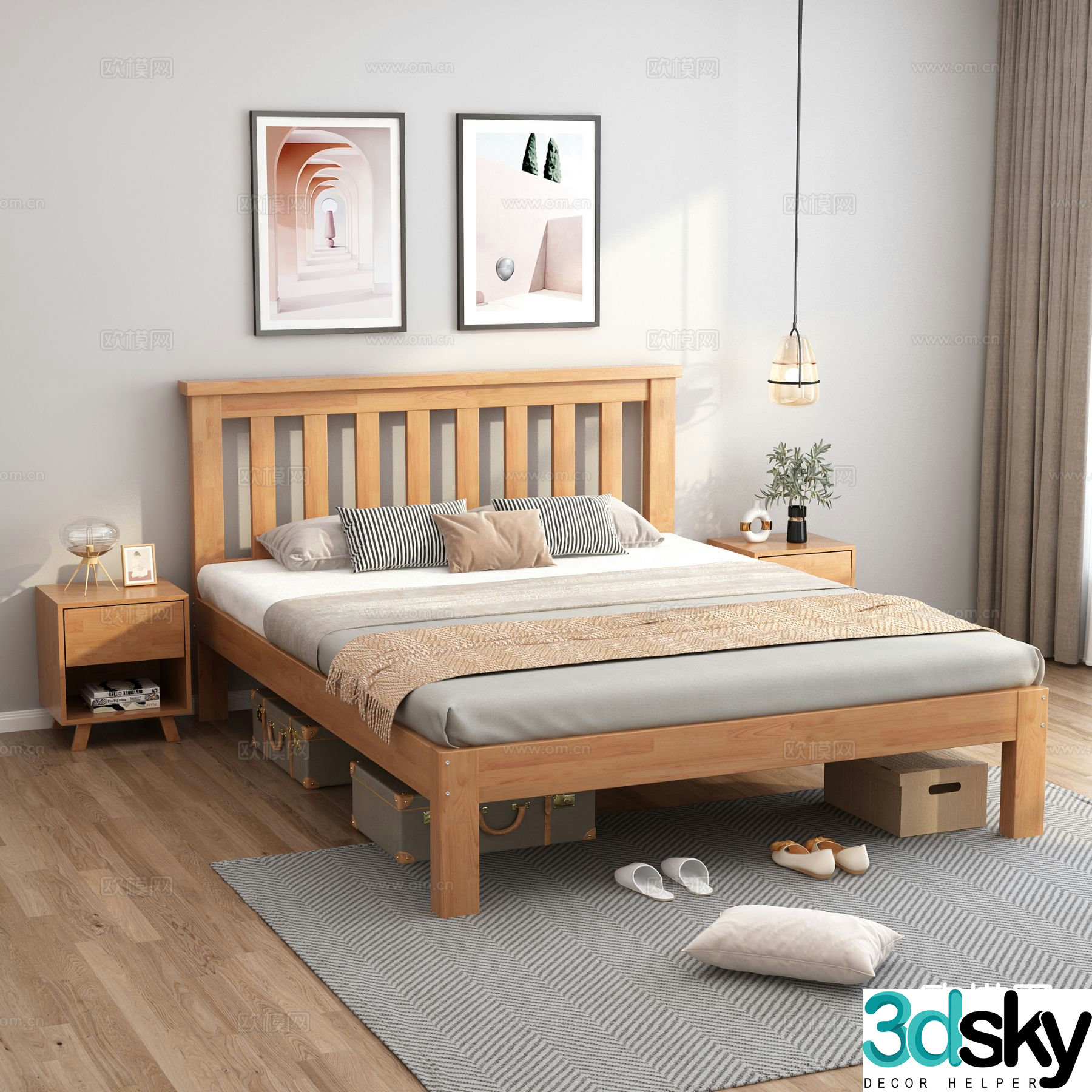 Nordic solid wood bed double bed 3d model