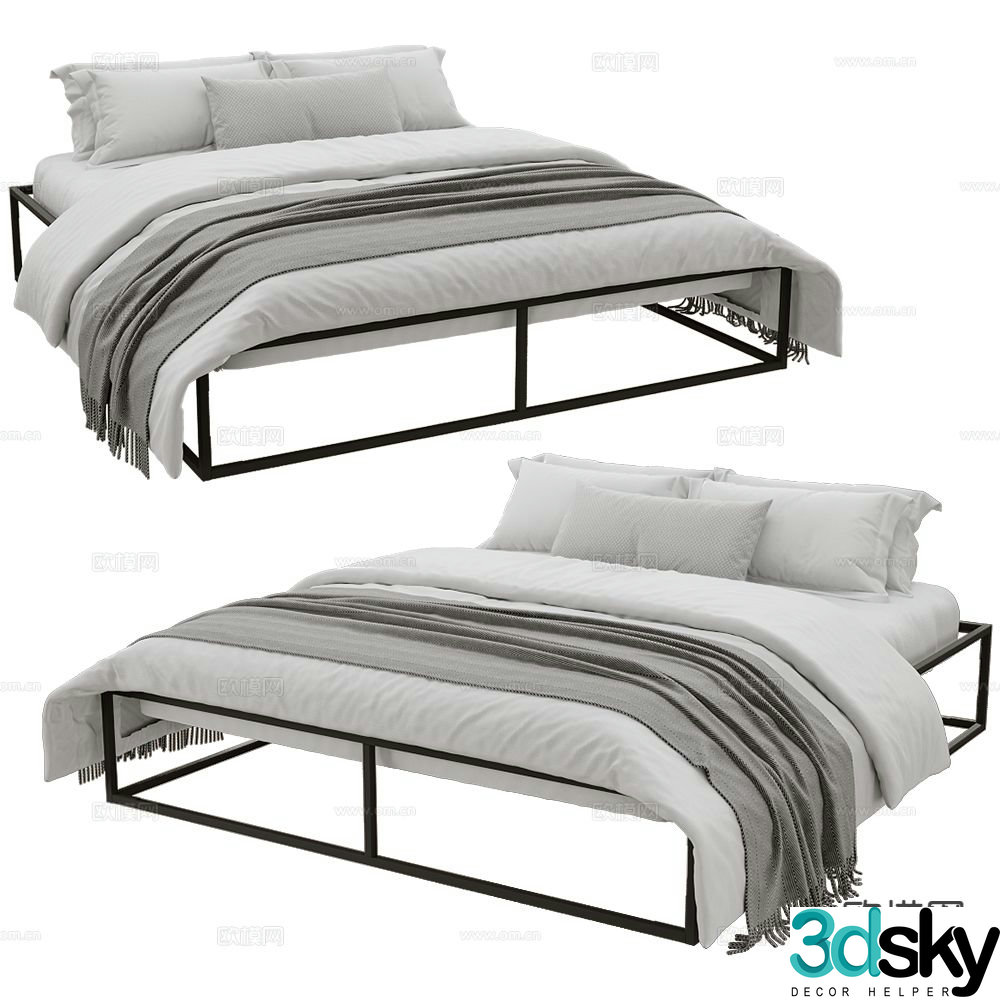 Iron bed frame double bed bedding 3d model
