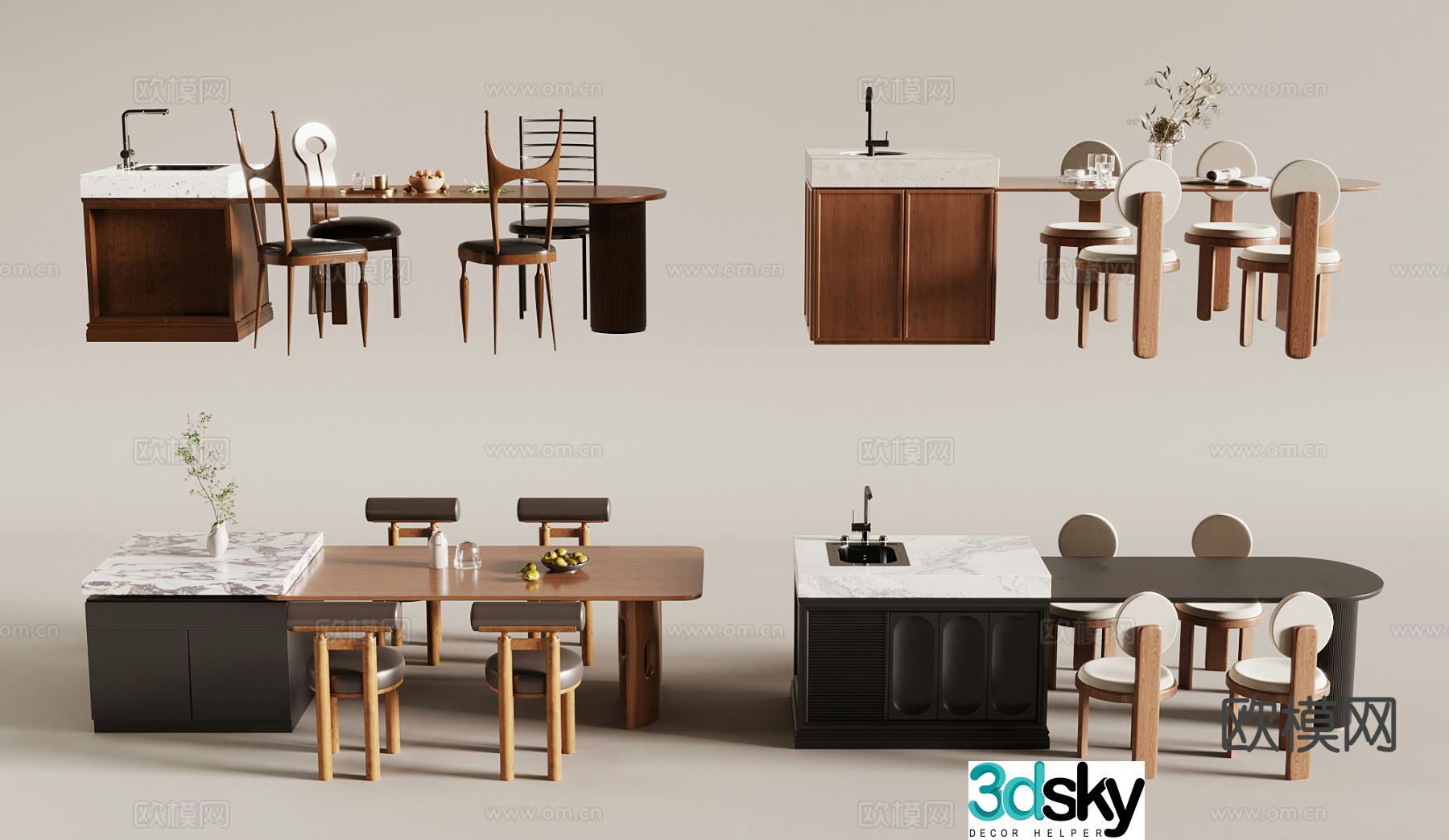 Middle-aged island table dining table and chair 3D model
