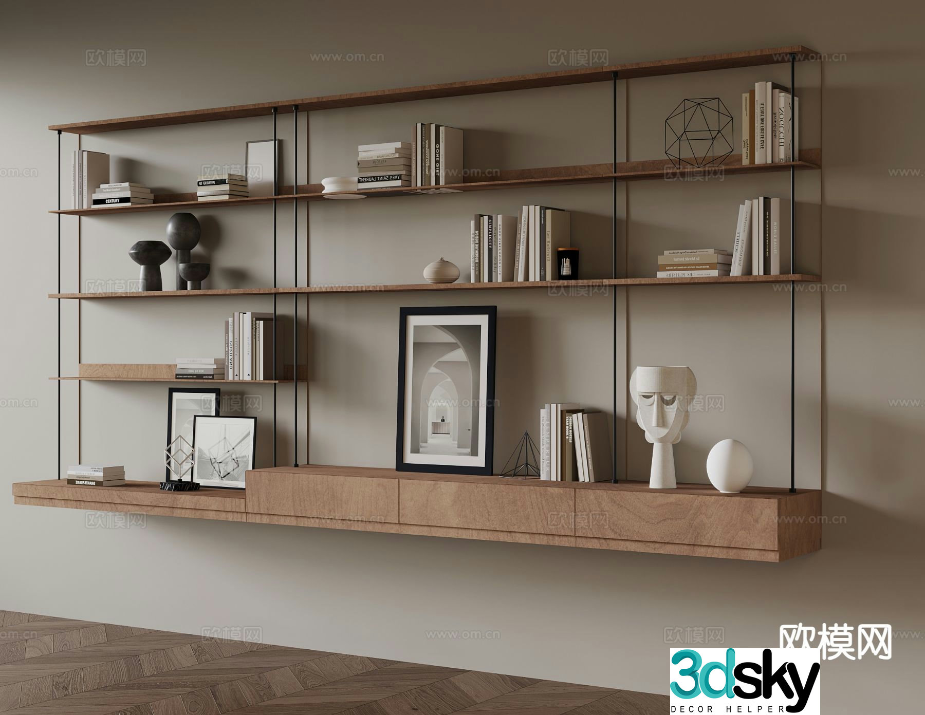 Middle-aged style hanging cabinet storage shelf bookshelf 3D model