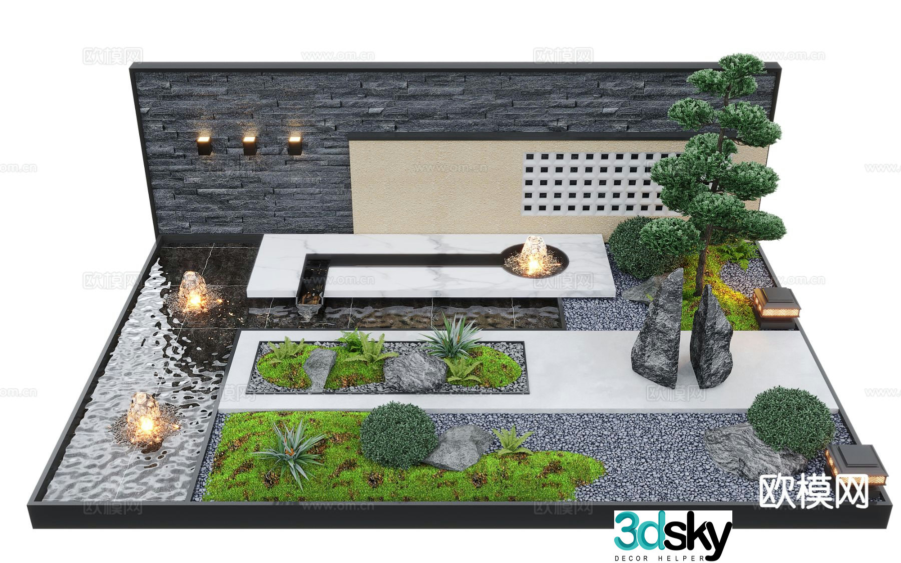 New Chinese style fountain water feature wall falling water wall 3D model