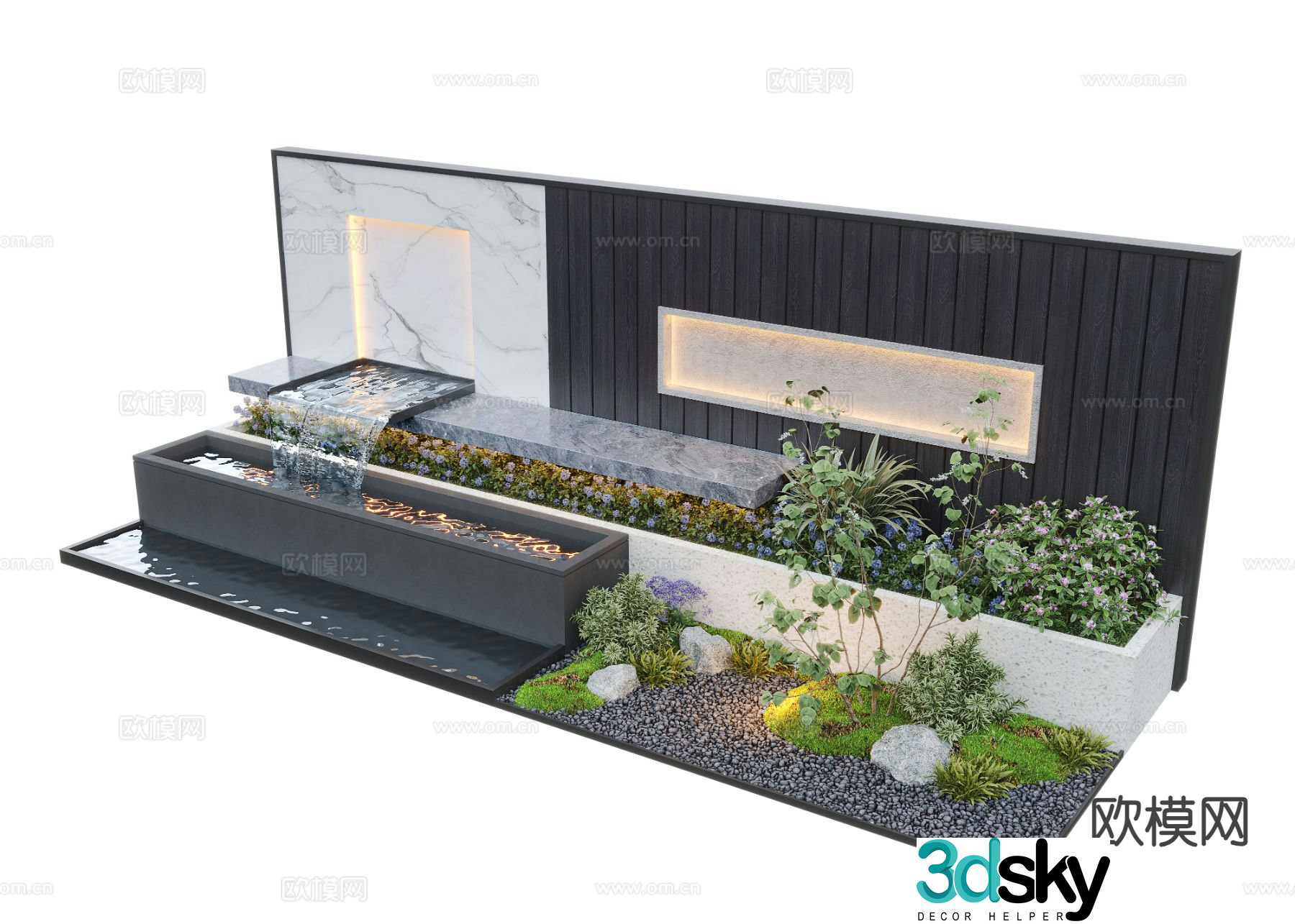 New Chinese style water feature wall fountain falling water sketch 3D model