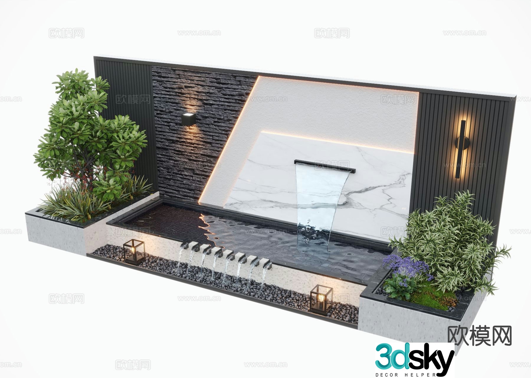 New Chinese style water feature wall courtyard water feature flowing water sketch 3D model
